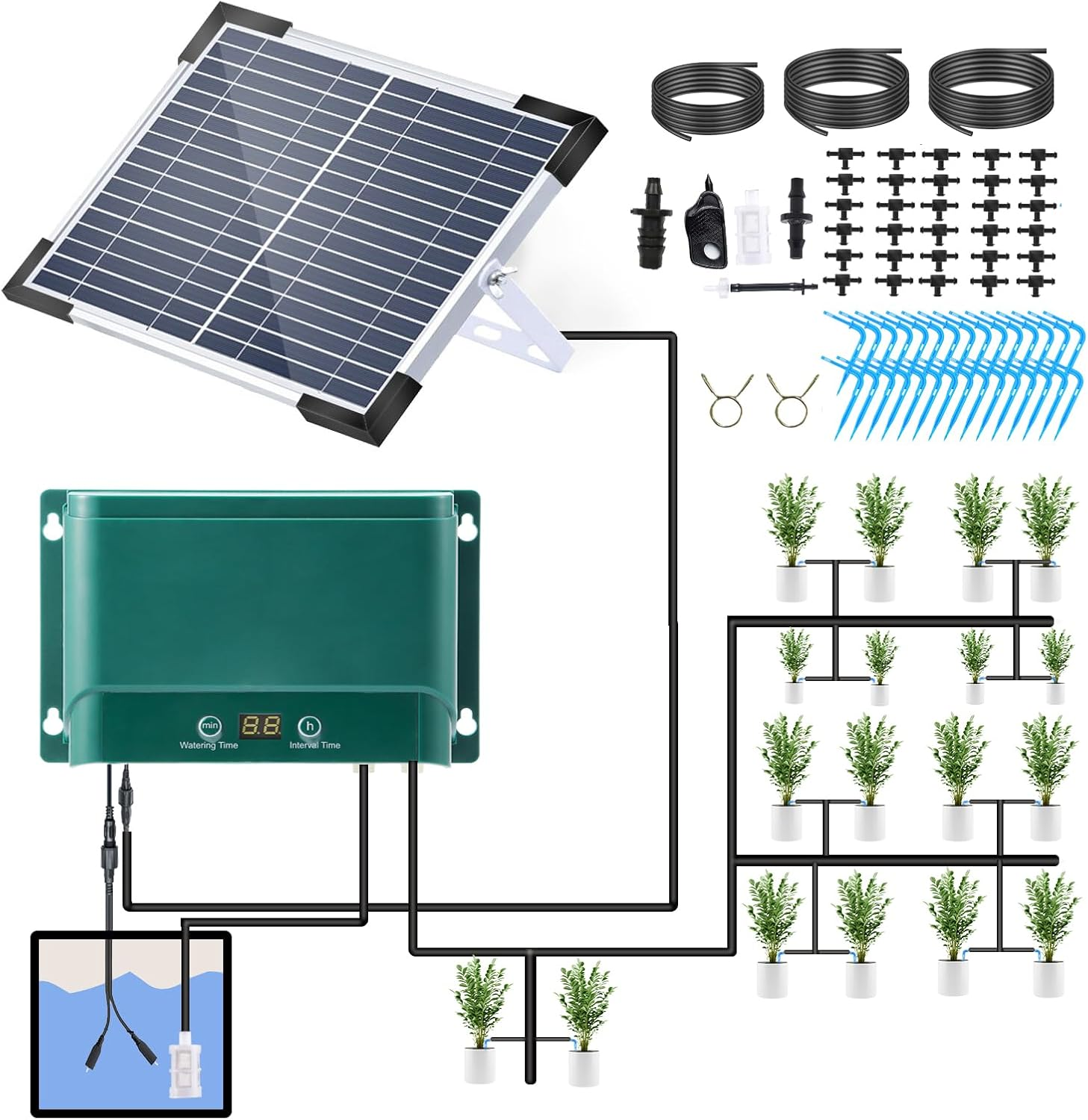 Mingzhe Solar Automatic Drip Irrigation Kit 7 Timing Modes 30 Watering Modes 98.42FT Automatic Watering Irrigation System Set for Garden Beds Patio Lawn Plants Greenhouse Flower for 30 Plants image number 1