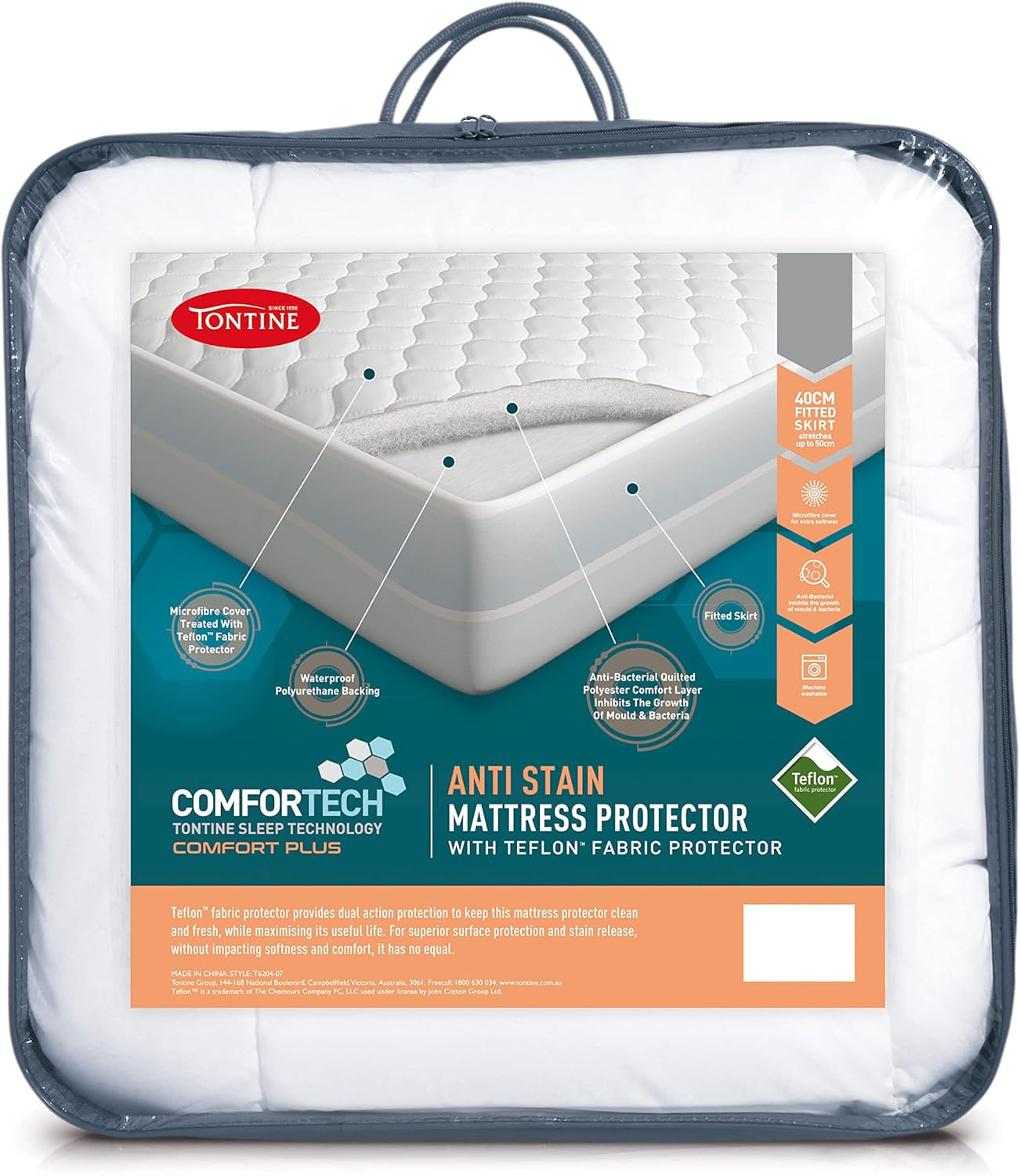 Tontine Comfortech Anti-Stain Mattress Protector, Queen &ndash; Soft Microfibre Cover with Dual Action Teflon Stain Protection &ndash; Waterproof Polyurethane Backing &ndash; 50Cm Fitted Skirt &ndash; Machine Washable