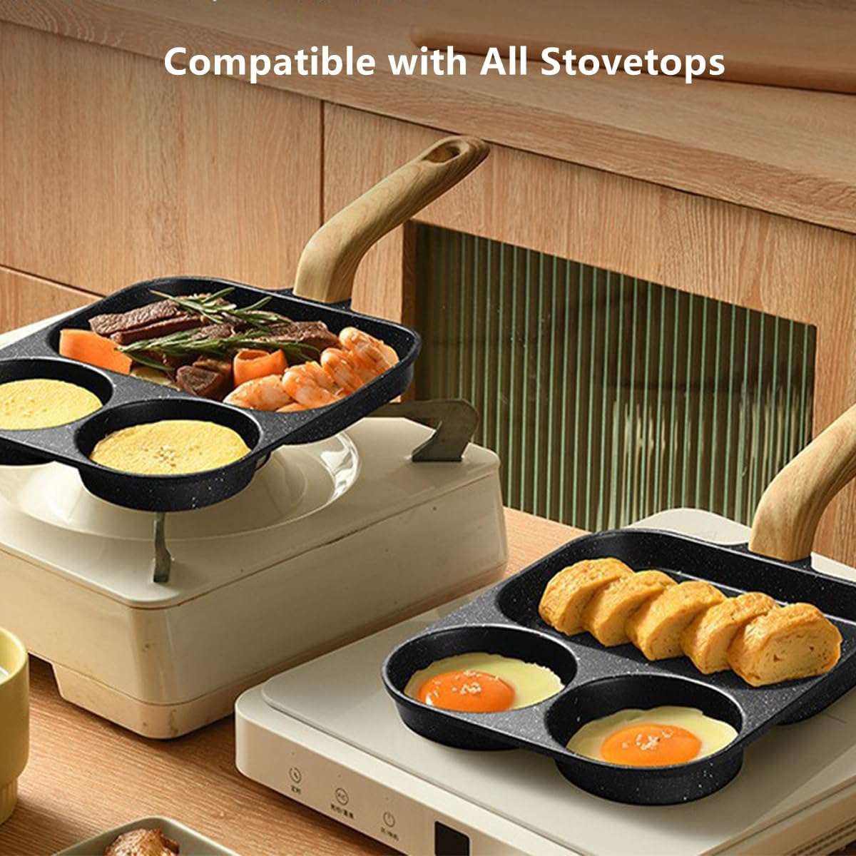 Egg Frying Pan, 4 Cup Pancake Pan Nonstick Egg Frying Pan Aluminium Alloy Egg Skillet Divided Breakfast Cooker, Suitable for Gas Stove & Induction Cookware (Gray-Black) image number 6