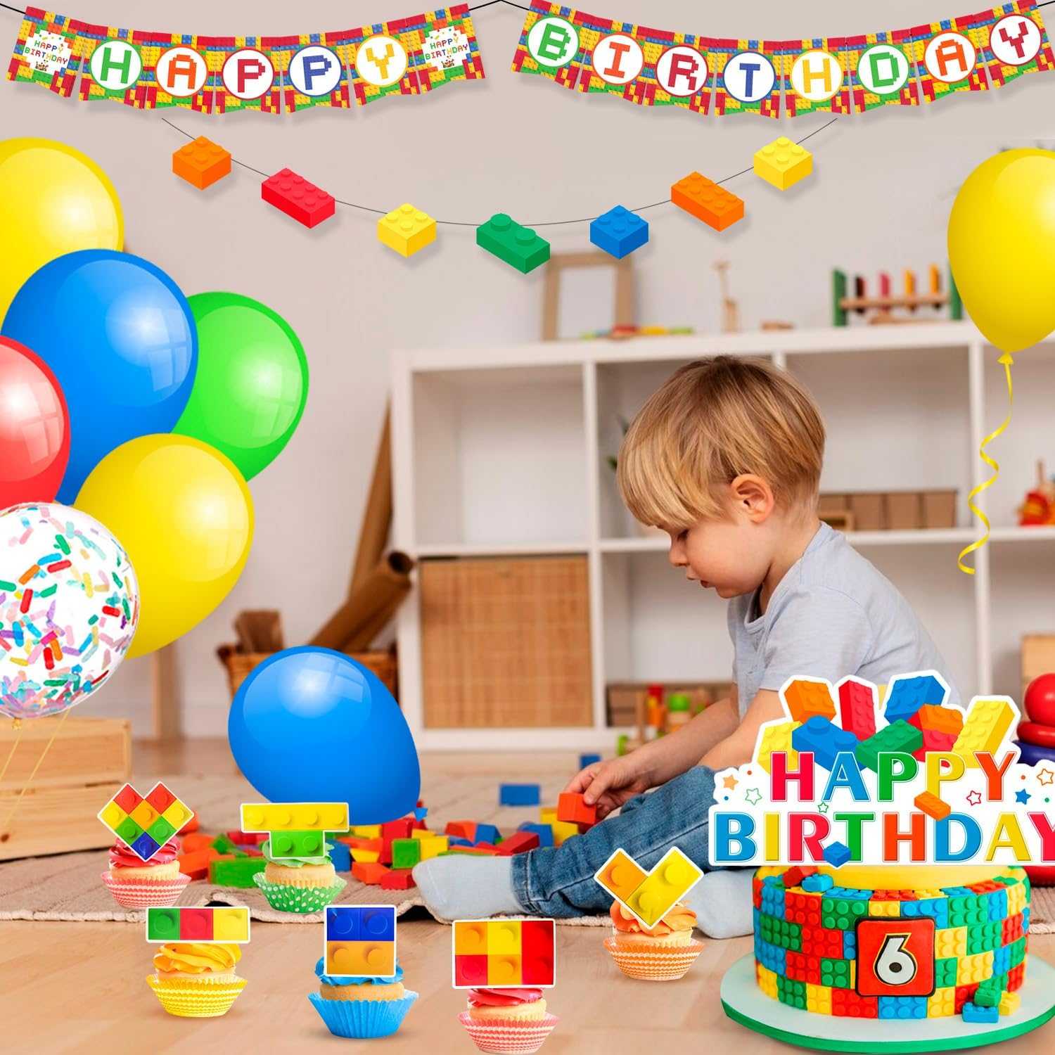 Block Party Decorations,53 Pcs Building Blocks Birthday Decorations Set - Building Block Birthday Balloons,Building Block Banner Cake Topper Etc Colorful Building Block Birthday Party Supplies image number 1