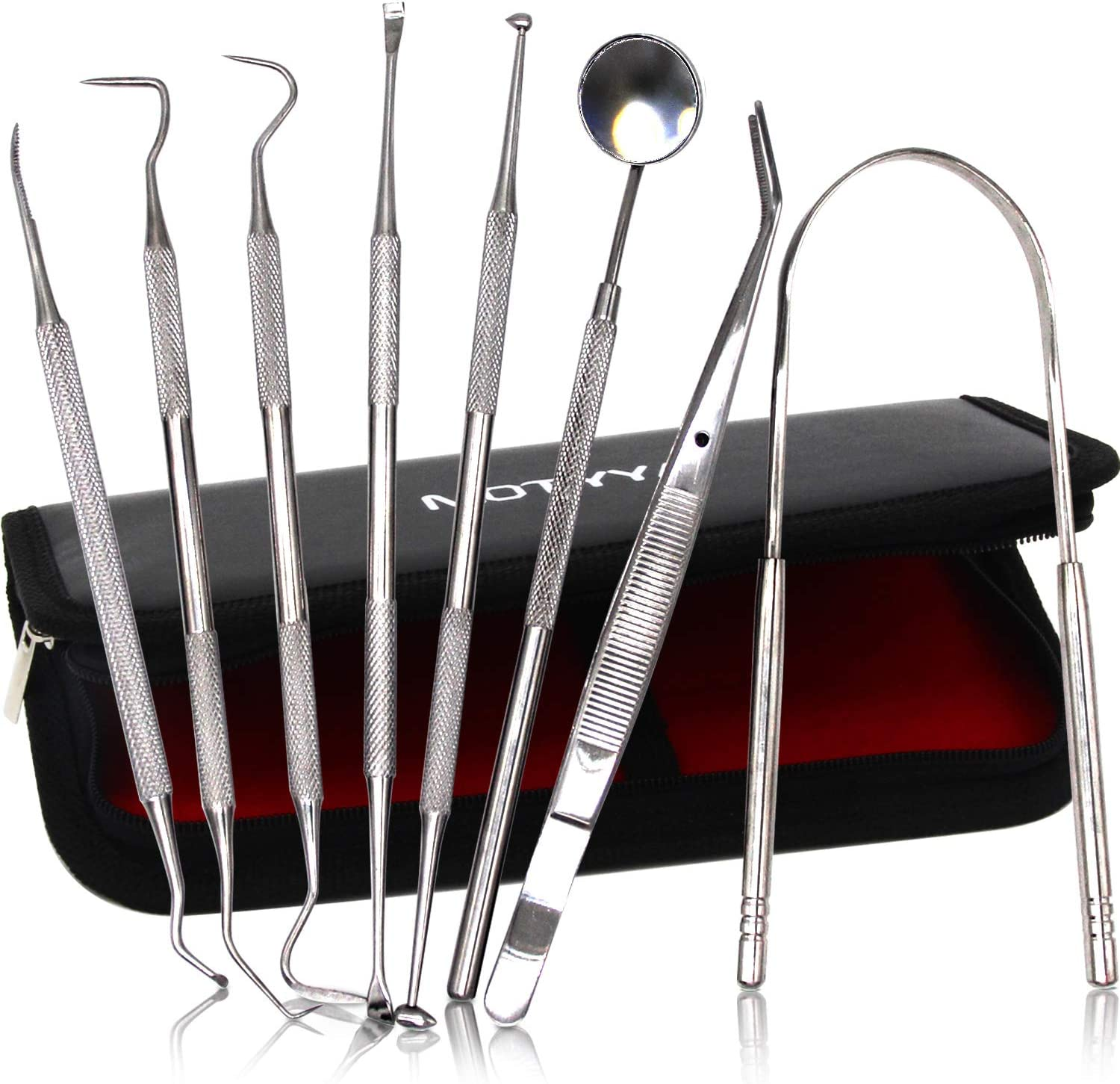 Dental Tools 8Pcs, Professional Teeth Hygiene Kit Stainless Steel Dental Pick Cleaning Set,Tongue Scraper,Tooth Scaler,Tweezers,Anti Fog Mouth Mirror for Oral Care image number 5