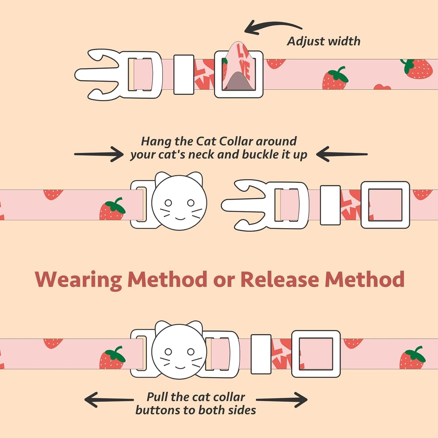 2-Piece Cotton Detachable Cat Collar Pink Strawberry White Heart Pendant Cute Kitten with Bell Cat Collar Suitable for Boys and Girls. - Pinkwhite image number 3