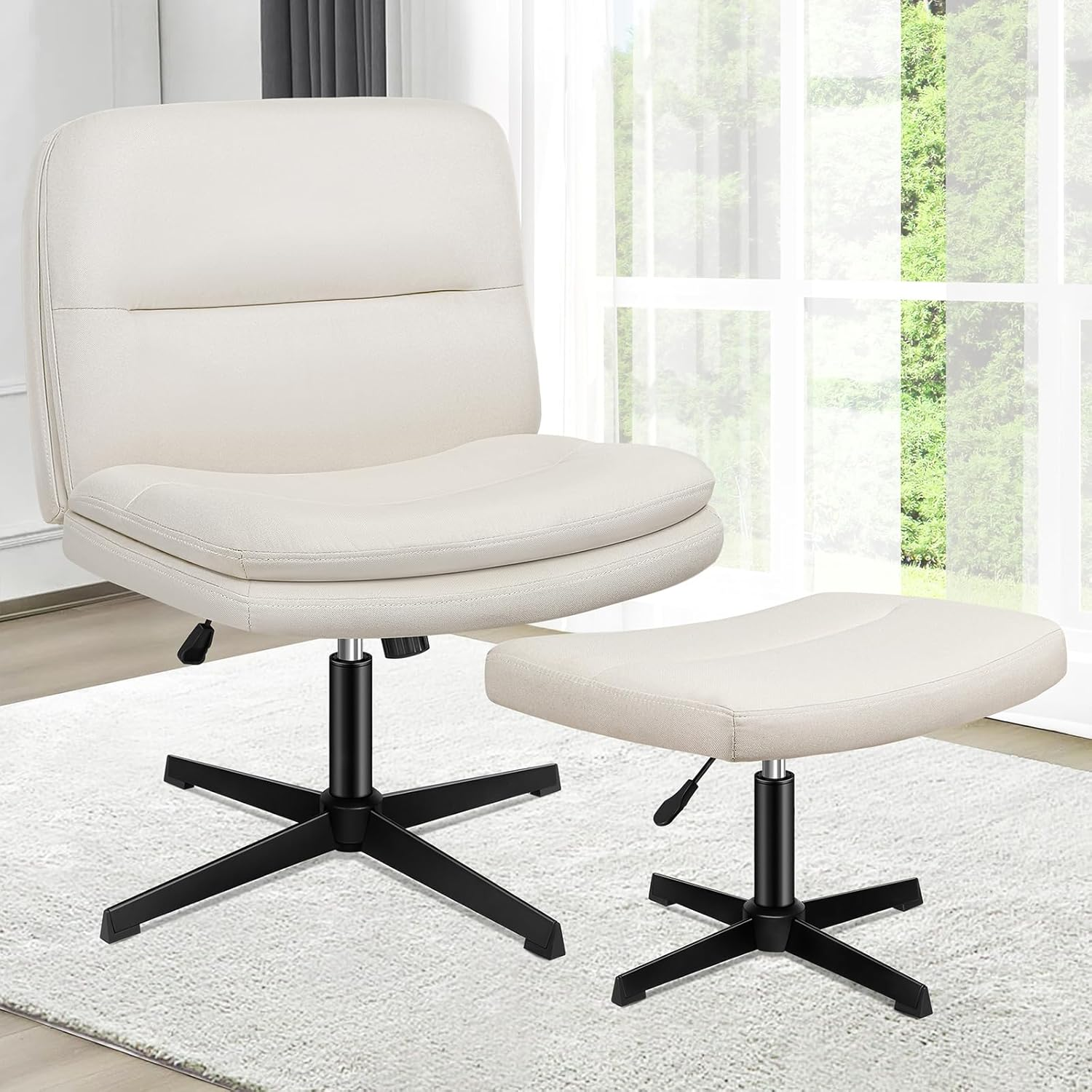 ALFORDSON Criss Cross Desk Chair with Ottoman Stool Pax Series, Cross Leg Office Chair with Mid-Back, Tilt, Height Adjust and Swivel, Armless Ergonomic Gaming Chair, 180Kg Capacity, Fabric Beige image number 5