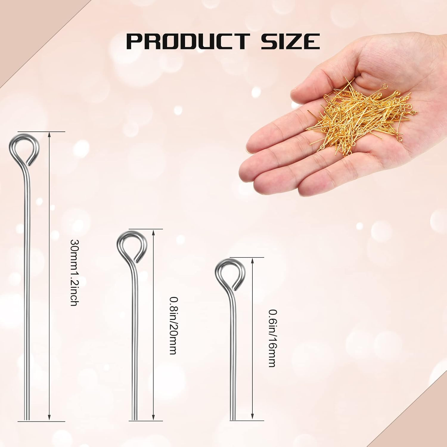 1400 Pieces Eye Pins Mix Jewelry Findings - 0.63, 0.79, 1.18 Inch Open Head Pins for DIY Necklace Making (Gold, Silver) image number 2