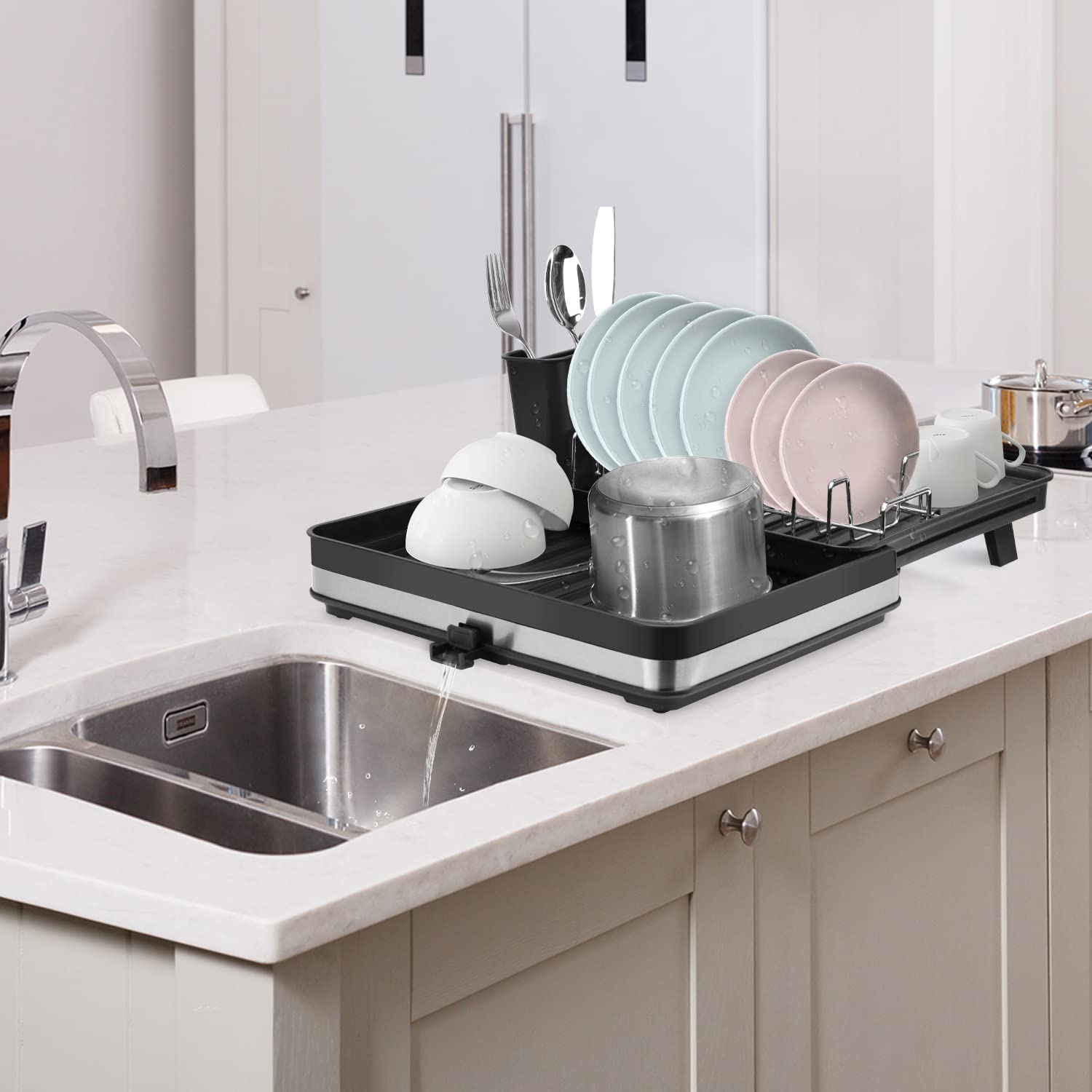 Dish Drying Rack Stainless-Steel Dish Sink Storage Rack with Movable Cutlery Drainer and Utensils Holder, 30CM - 51CM Expandable Dish Drainers for Kitchen Counter with Drain Spout image number 3