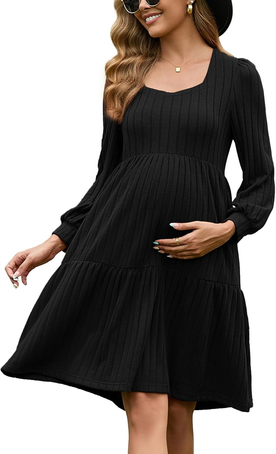 GINKANA Womens Maternity Sweater Dress Square Neck Long Sleeve Fall Casual Pregnancy Babydoll Knit Dresses with Pocket