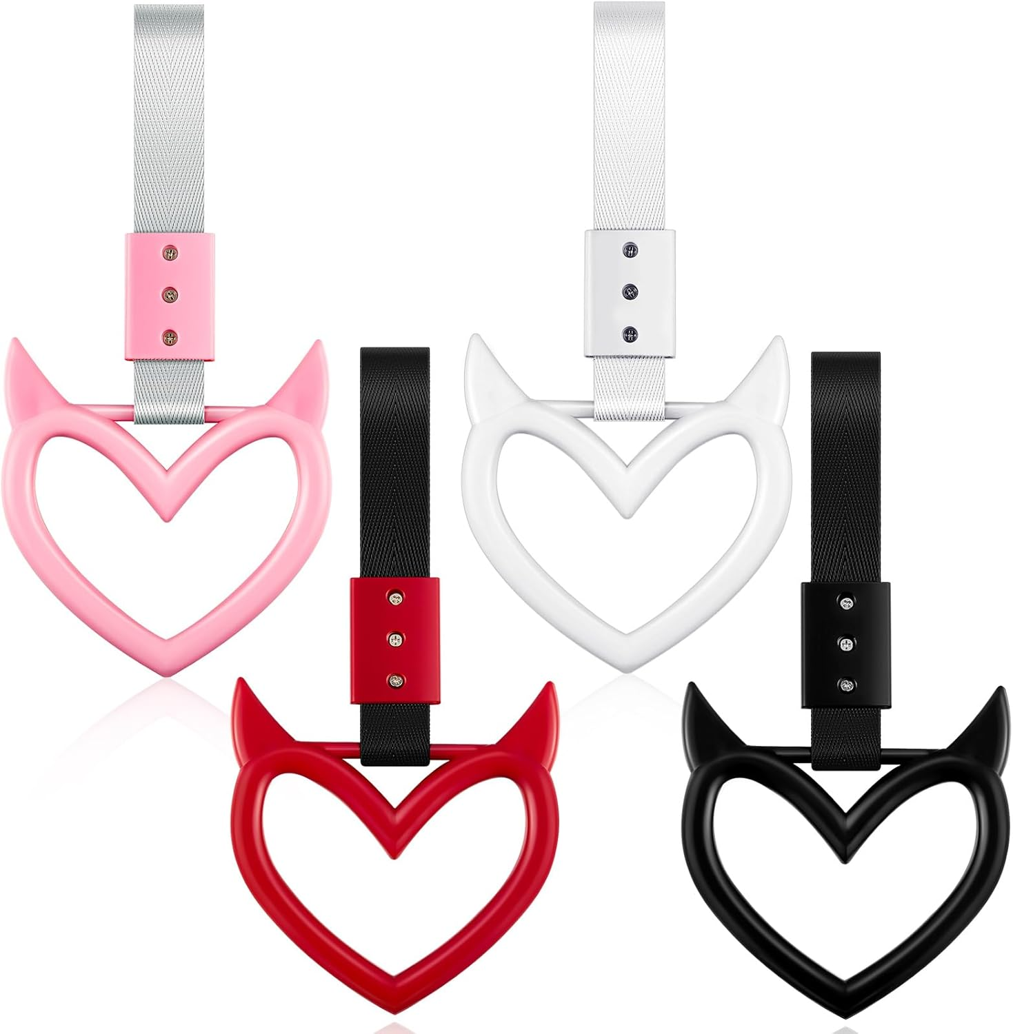 Fabbay 4 Pieces Heart Shaped Car Handle Straps Hang Ring Rear Bumper Warning Ring Decorative Subway Train Bus Handle Hand Strap Drift for Car Interior(Black, White, Red, Pink, Devil)