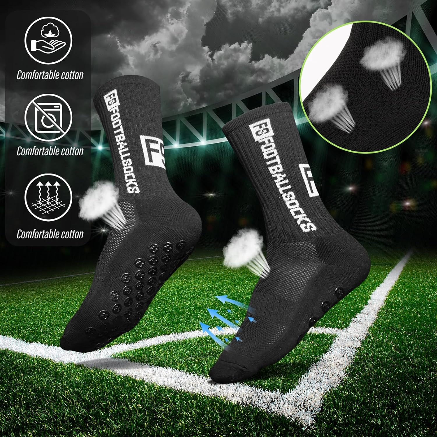 Fiohiros Grip Socks Soccer & Football 3-Pack High-Elastic Anti-Slip Sports Socks with Mesh Ventilation, Grip Socks Men Silicone Suction Pads - White image number 6