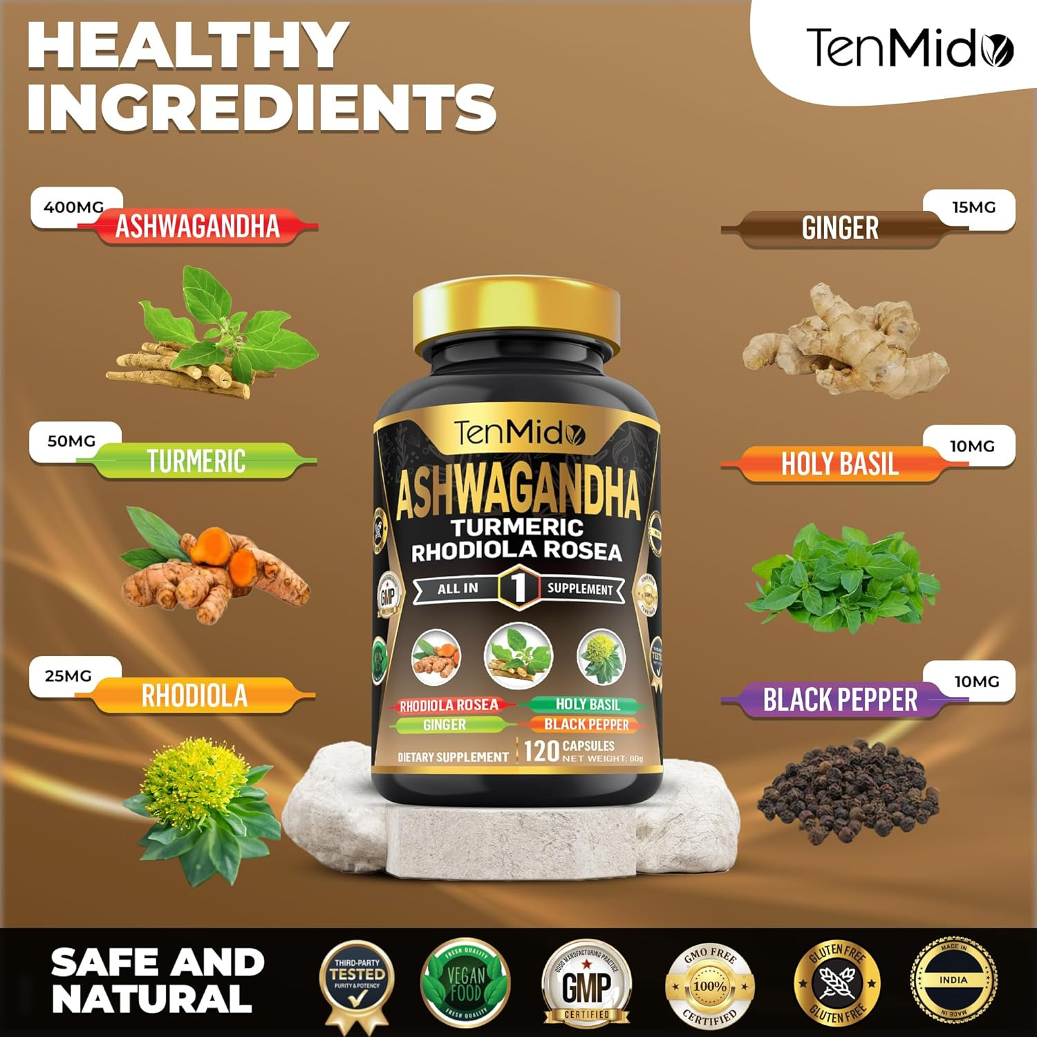 Tenmido Ashwagandha Supplements - 6In1 with Turmeric, Rhodiola, Ginger, Holy Basil & Black Pepper - 120 Vegan & Non-Gmo Capsules image number 5