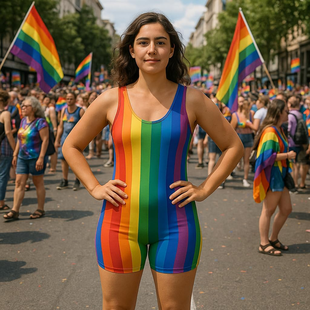 Adult Rainbow Stripe Sleeveless Short Unitard One Size Fits Most | LGBTQ+ Singlet Romper for Pride Parade, Mardi Gras, Festivals & Dance &ndash; Bright Vertical Stripes image number 2