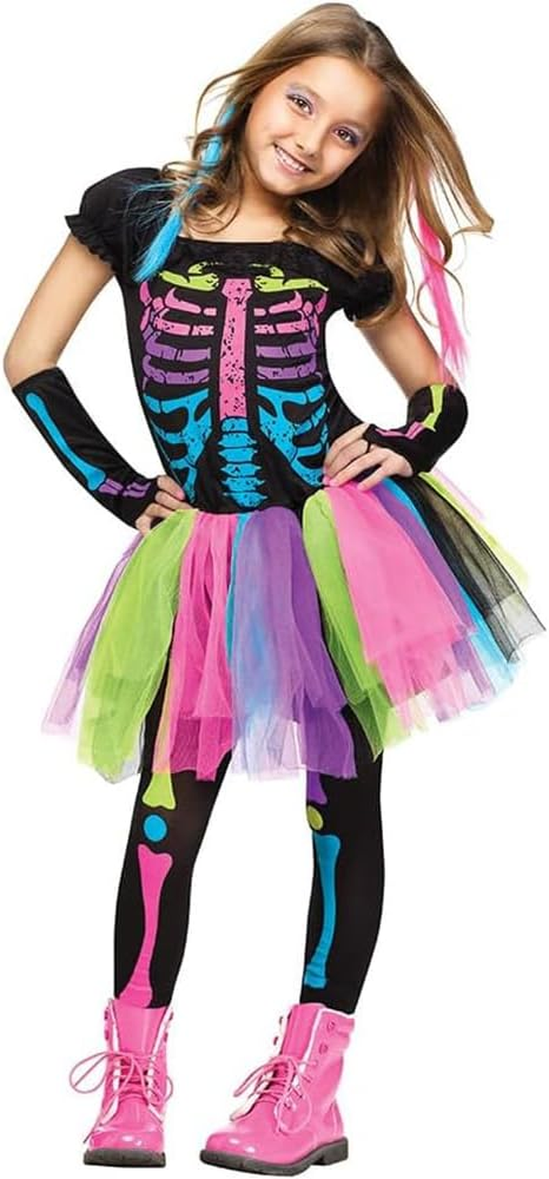 Girls Skeleton Costume, Glow in the Dark, Punk Bones Halloween Tutu Dress for Kids Halloween Party Dress Up image number 3