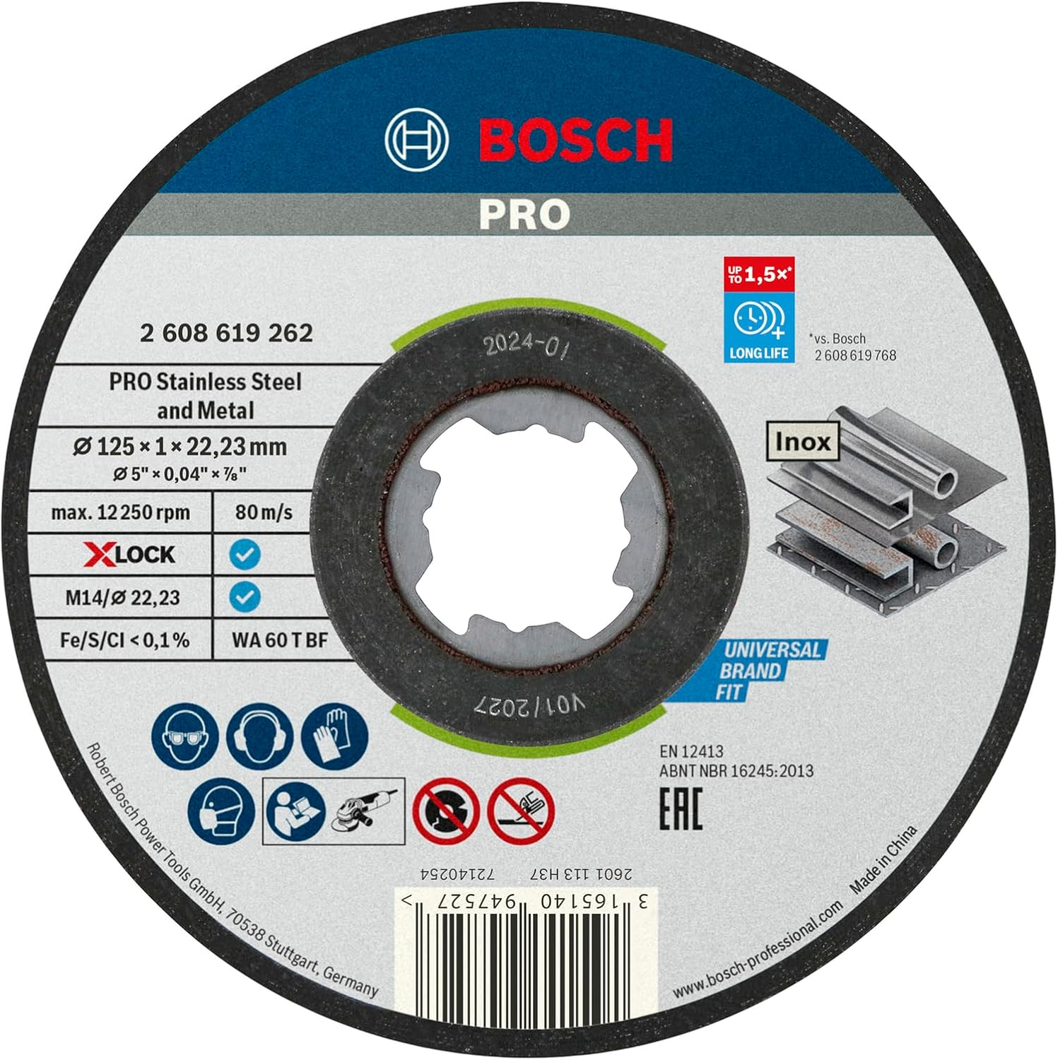 Bosch 1X PRO Stainless Steel and Metal Bonded Thin Cutting Disc Long Life, X-Lock (For Stainless Steel, &Oslash; 125 Mm, Professional Accessory Small Angle Grinder) image number 4
