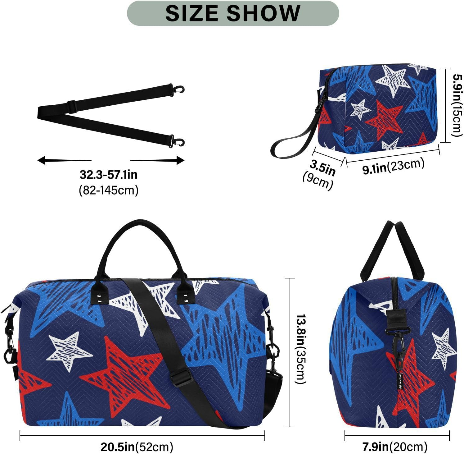 Large Travel Duffel Luggage Weekender/Overnight Duffel American Flag Star Scatter Pretty Blue Tote Bag with Adjustable, Star, Set of 2, Art Deco image number 5