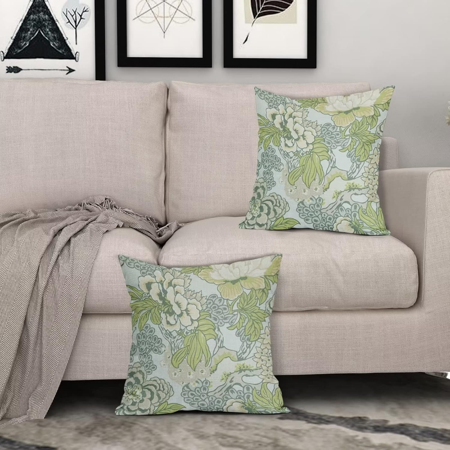 Sweetshow Spring Green Flowers Chinoiserie Pillow Covers 2 Packs 20X20 Inch Lighe Green Floral Throw Pillows Vintage Sage Green Decor Cushion Cover Linen Patio Furniture Sofa Bedroom Indoor Outdoor