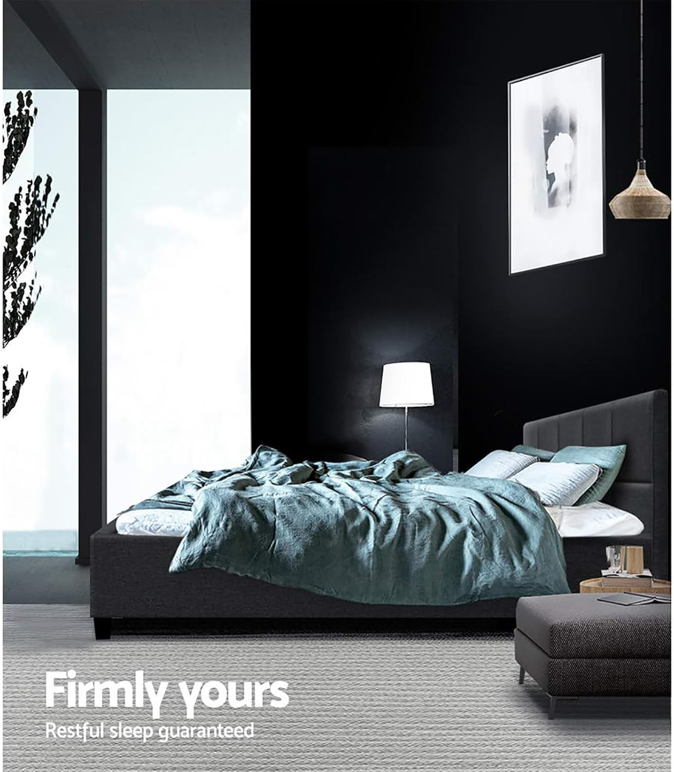 Artiss Queen Bed Frame Platform Checkered Headboard Wooden Beds Base Frames Bedroom Room Decor Home Furniture, Upholstered with Charcoal Faux Linen Fabric + Foam + Wood, Modern Design image number 4