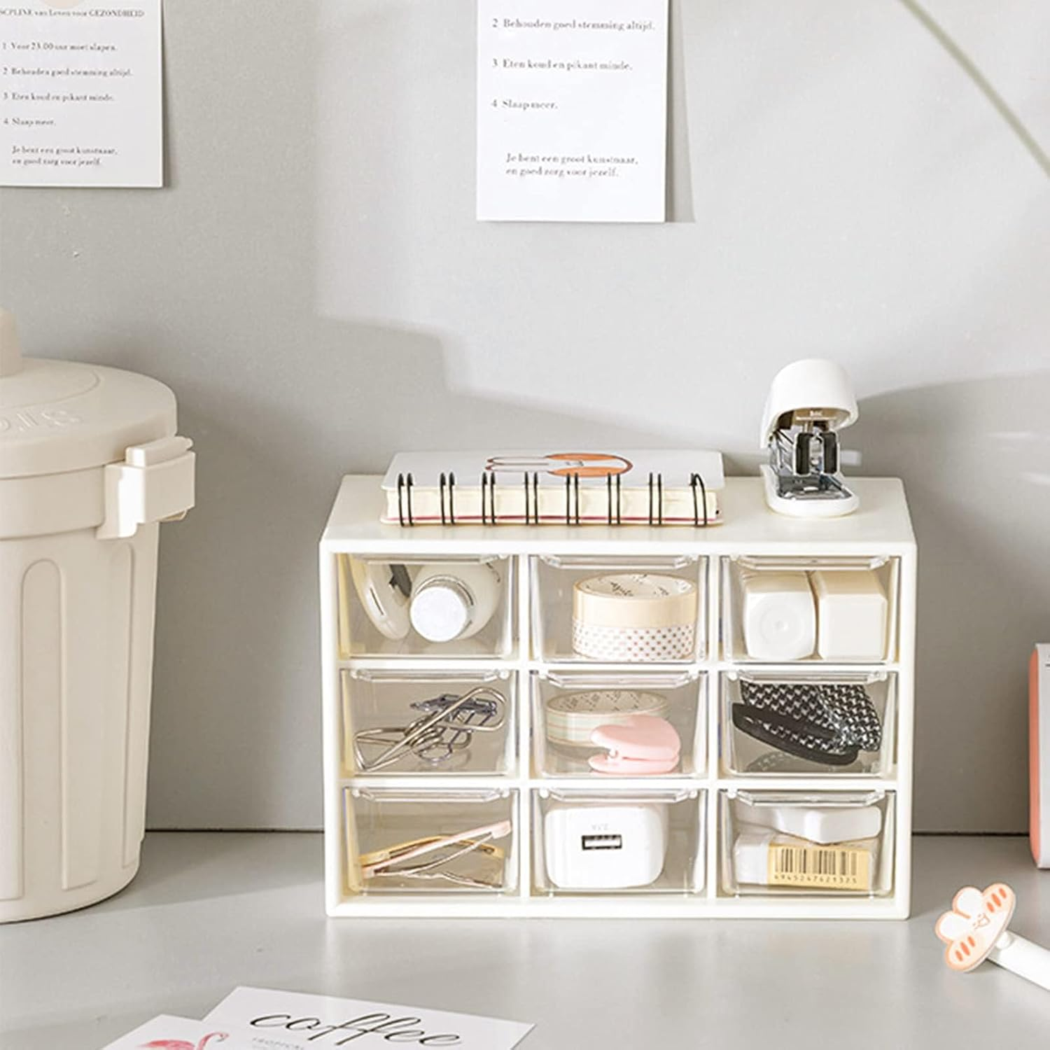 Hacaroa 6 Pack Mini Drawer Organizer with 9 Drawers, Plastic Desktop Craft Storage Case Box for Art Supply, Office Supplies, Cosmetics, Jewelry, Dorm Room, off White