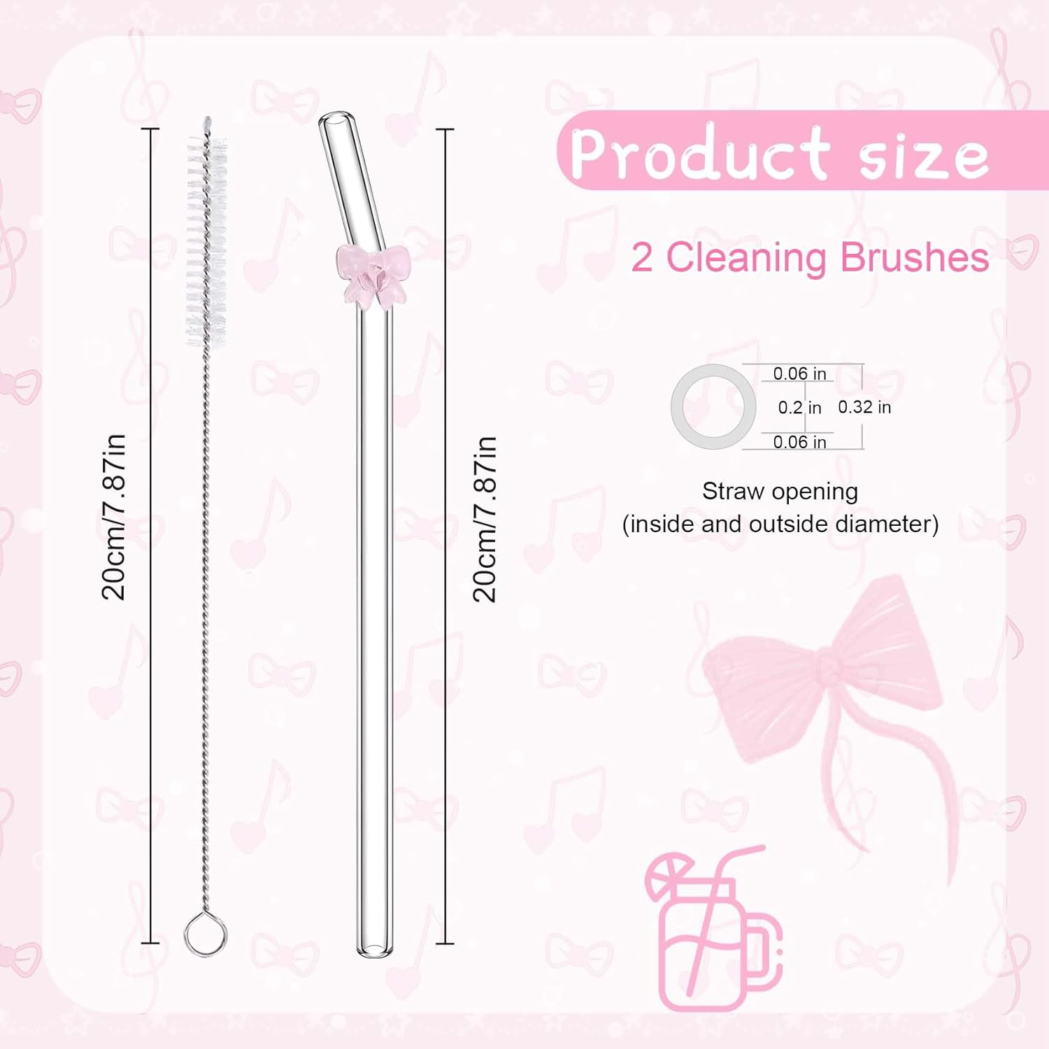6 Pcs Glass Straws Shatter Resistant with Cute Pink Bow, Reusable Straw Dishwasher Safe with 2 Cleaning Brushes for Pink Lover, Juice, Summer Beach, Birthday Party