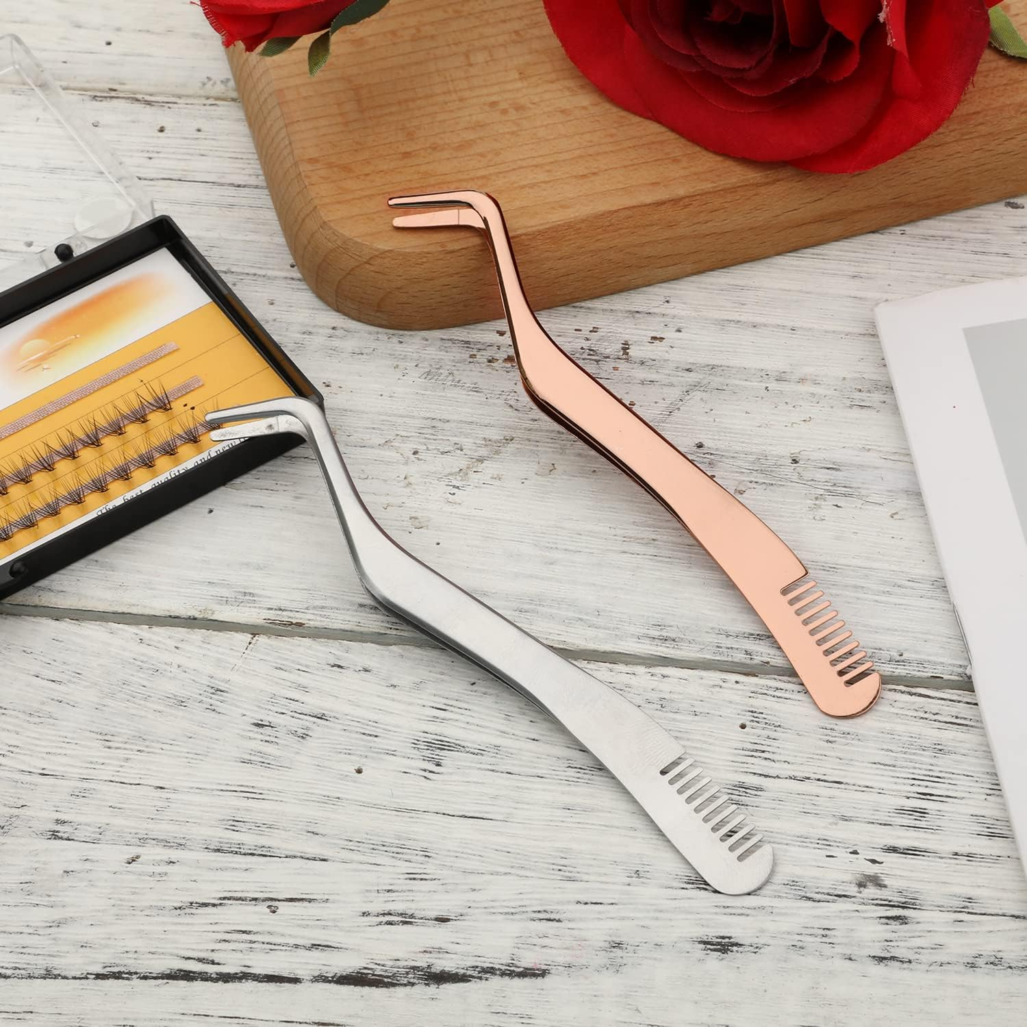 2Pcs Lash Tweezers Set, Stainless Steel Upgraded 2 in 1 Lash Extension Tweezers with Comb Eyelash Applicator for Volume Isolation Classic Lashes Smeared False Lashes (Rose Gold, Silver) image number 5
