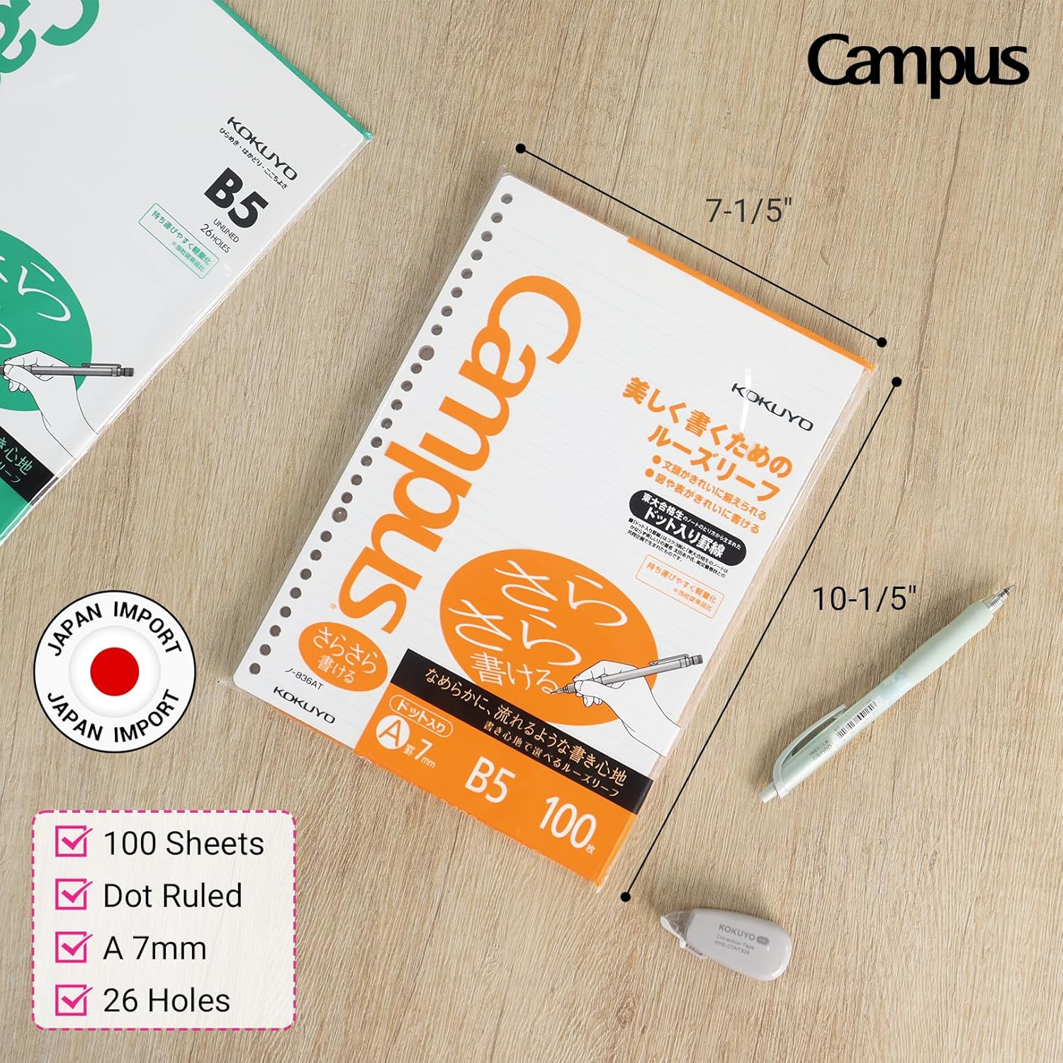 Kokuyo 3 X Campus Loose Leaf Filler Paper - Pre-Dotted Smooth Paper, B5 26 Holes 7Mm Rule, 31 Lines X 100 Sheets-200 Pages X 3-Pack