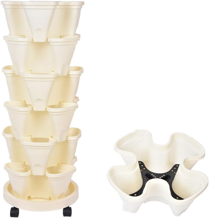 6-Story Vertical Planting Creative Flowerpot, Stackable Garden Plastic Flowerpot, Wheeled Vertical Strawberry Flowerpots, Indoor and Outdoor Tower Garden Flowerpots (Beige) image number 3