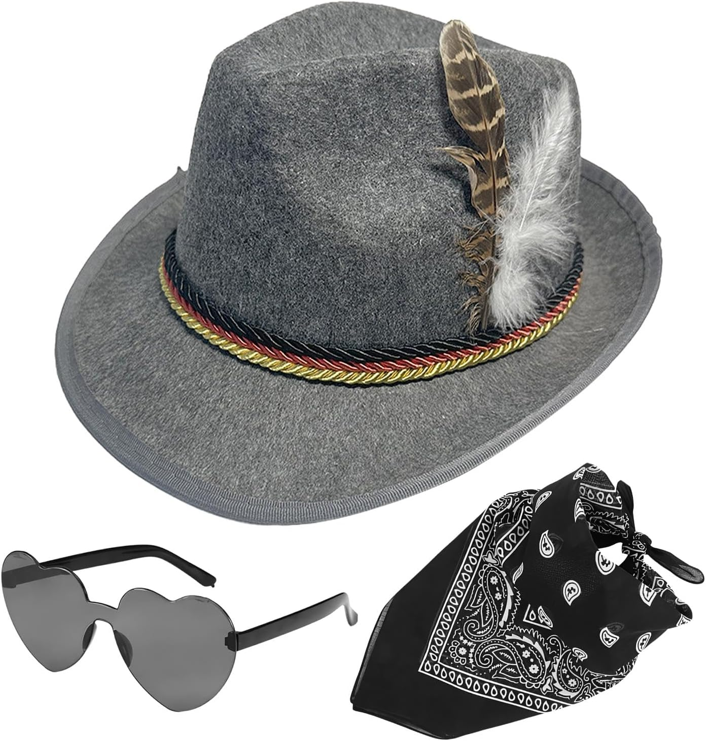 Alpine Hat - 1Set Fedora Oktoberfest Hat with Headscarf, Eyeglasses,Non-Woven German Hunter Hat, Adult German Alpine Bavarian Hat for Adults Cosplay