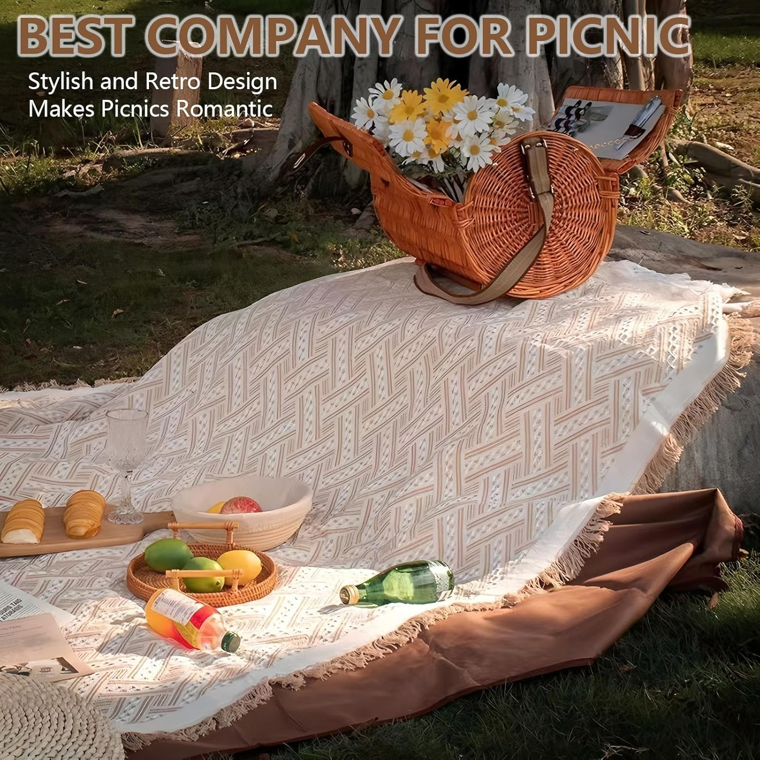 2 in 1 Extra Large Outdoor Picnic Blanket, Waterproof & Foldable Picnic Beach Mat - Woven Boho, Travel Essential Yoga Accessories Outdoor Blanket for Park Patio Lawn Garden Grass Ground Music Festival