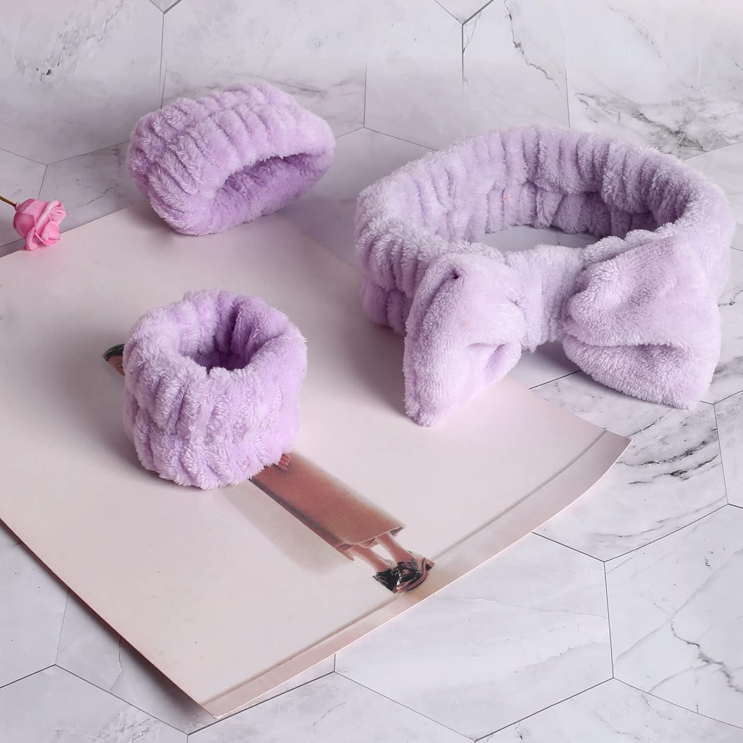 WSYUB Spa Headband, Wristbands, Headband for Washing Face, 2Pcs Wristlets for Sleeves Dry, Make up Headband,Purple image number 1