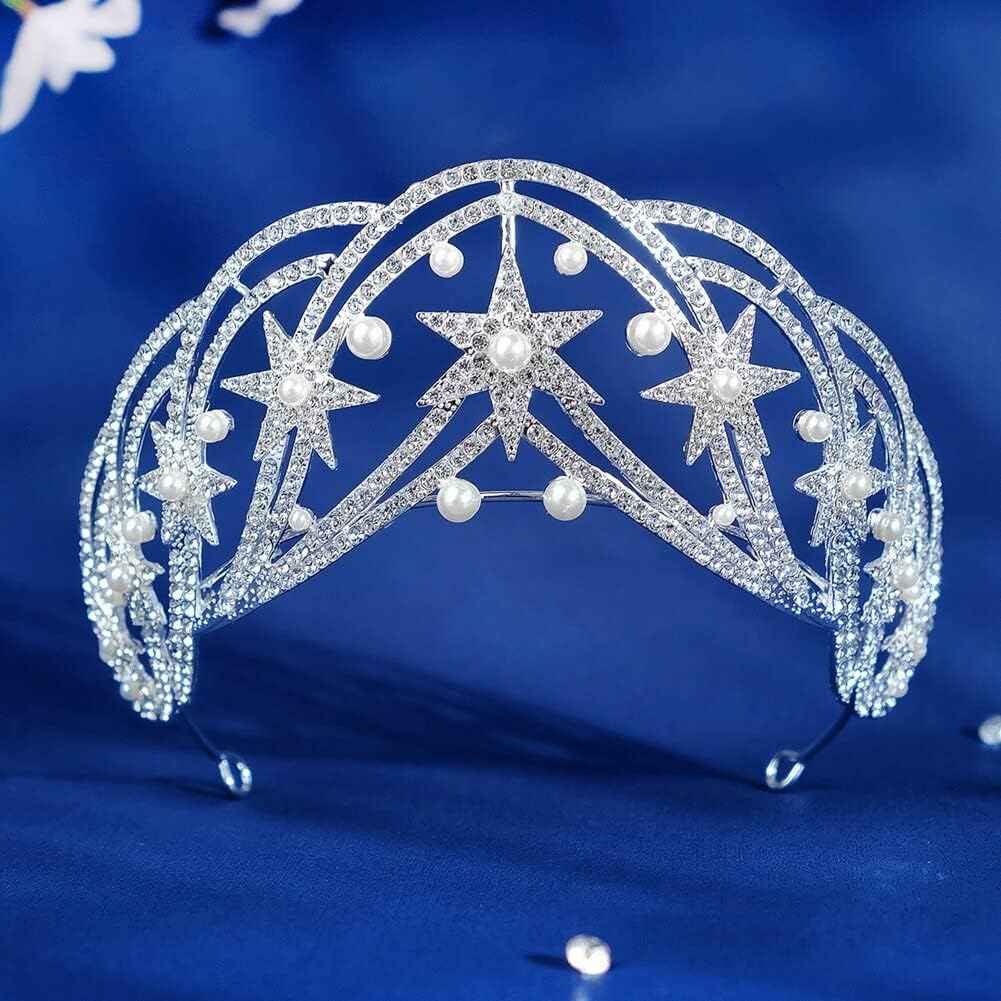 Star Queen Headband Bridal Crown with Rhinestone and Pearl Hair Jewelry for Women Girls Wedding Birthday Photo Prop image number 1