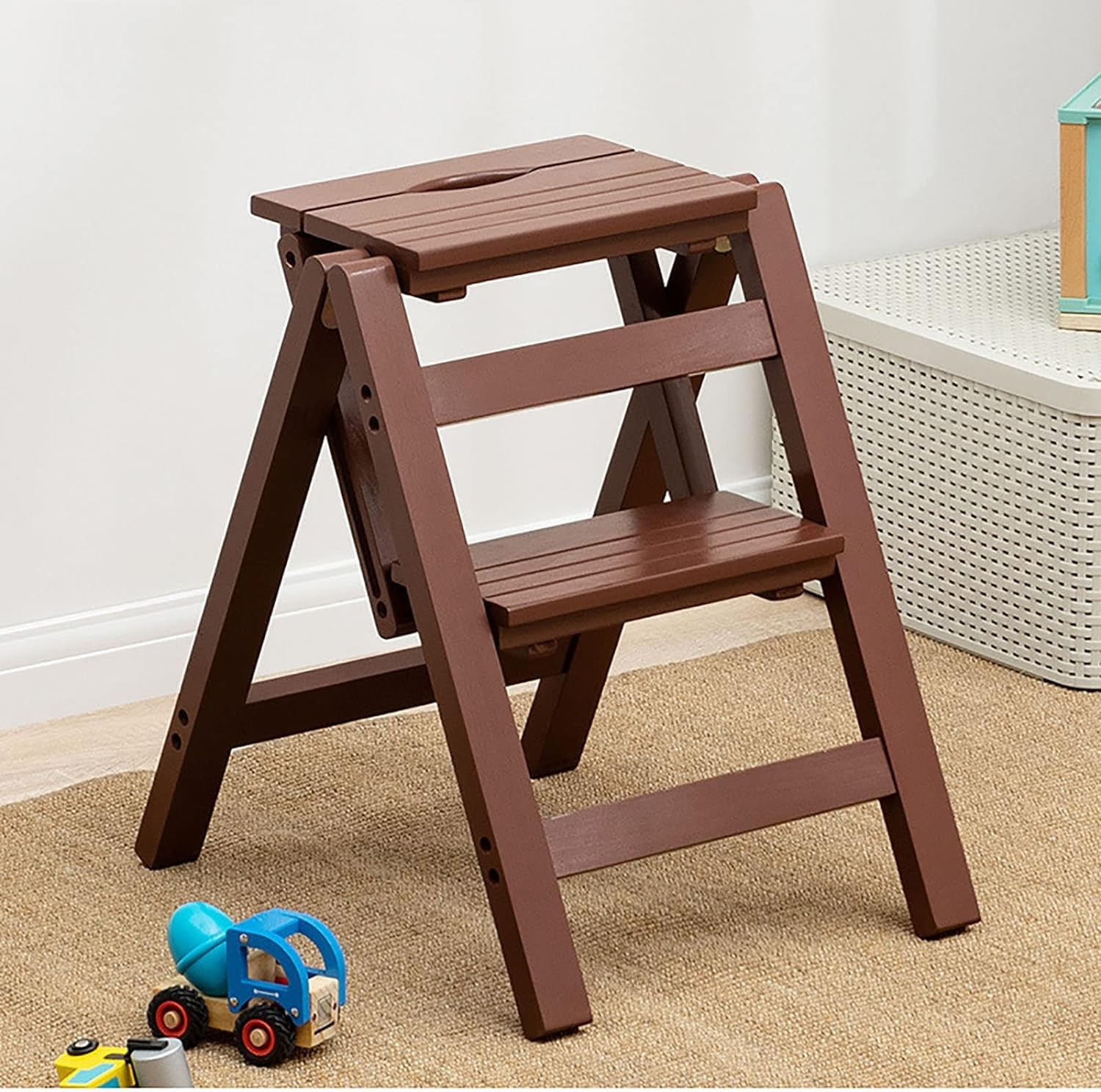 MOMOGEE Wooden Folding Step Stool Portable Library Ladder Chair 2 Tier Indoor Climbing Stool Wide Tread Non-Slip Step Chair Display Storage Shelf Plant Stand for Home Office (2-Tier) image number 4