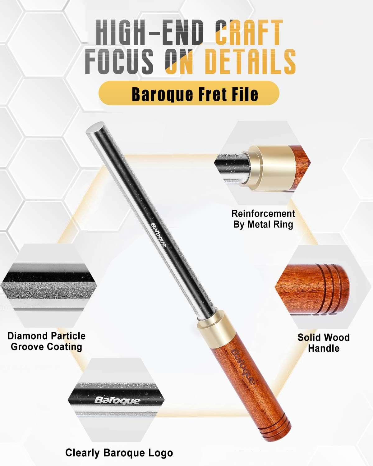 Baroque Fret Crowning Files Diamond, Guitar Fret Crown Dressing File, Fret Repairing Tools, Luthier Tools, Improved 3Rd Generation, with 3 Sizes for Guitars, Ukuleles, Bass, Banjo, Mandolin image number 5