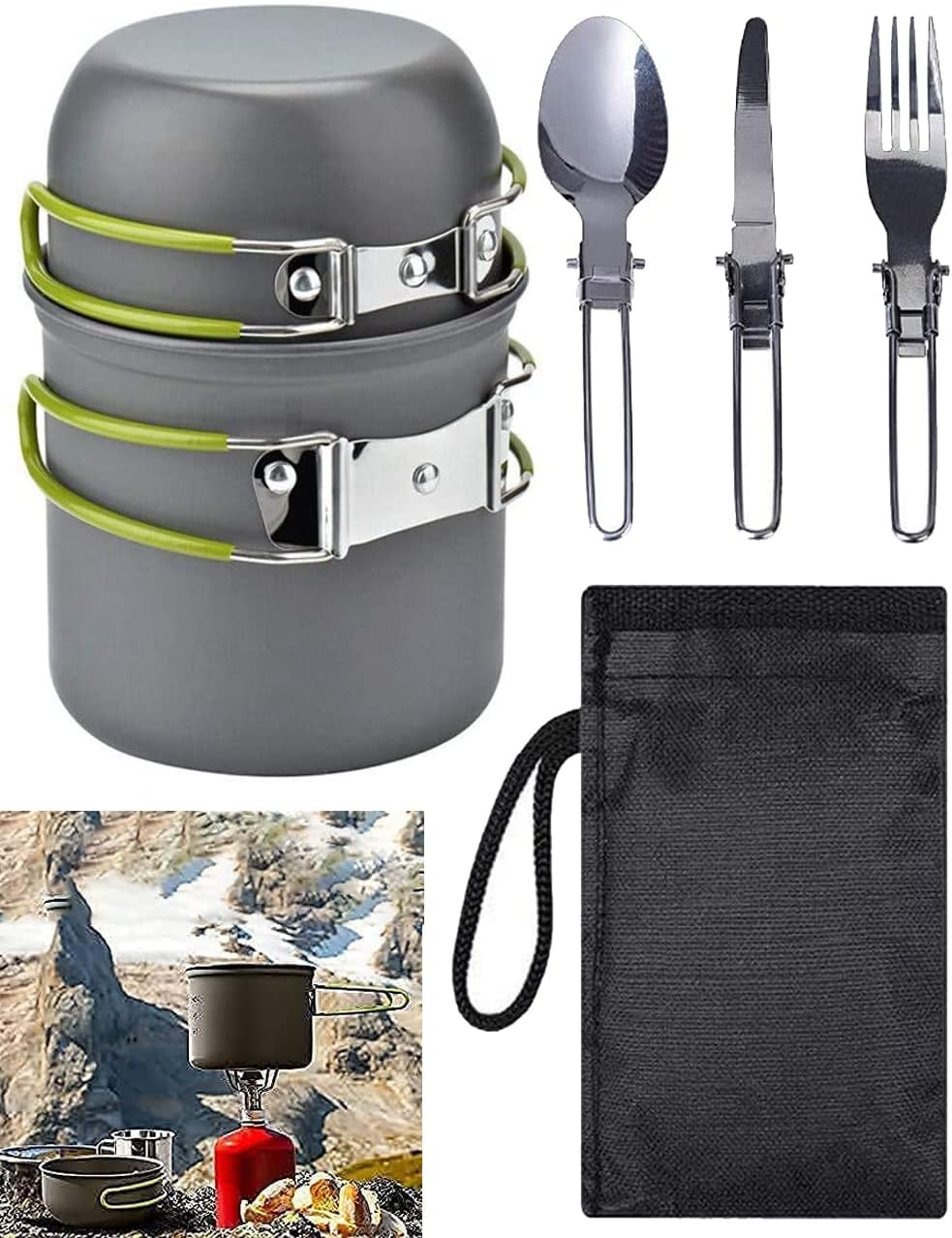 5 PCS Camping Cookware Outdoor Set with Fork Spoon, Camping Cookware Kit, Portable Bowl Pot Pan Picnic Hiking Barbecue Kits, Cooking Gadgets Outdoor Compass Kit, Lightweight Pot and Pan