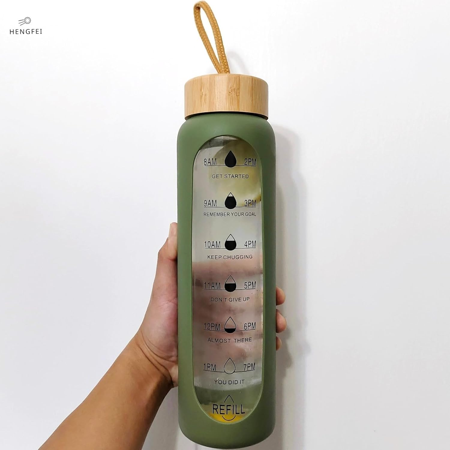 1Litre Glass Drink Bottle with Silicone Sleeve, Borosilicate Glass Water Bottle with Time Markings and Bamboo Lid, Wide Mouth (Army Green Silicone Sleeve, 1000Ml) - Black Silicone Sleeve image number 2