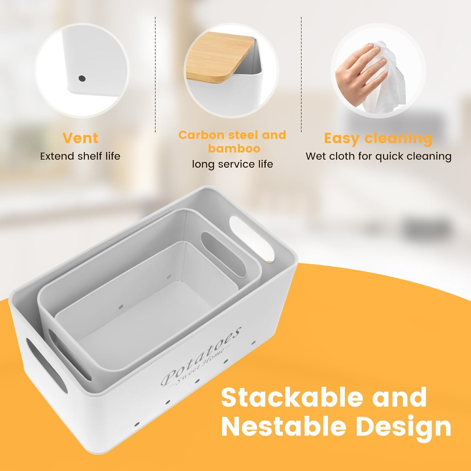 3 Pcs Potato and Onion Garlic Storage Bin, Kitchen Vegetable Storage Containers, Potato Onion Garlic Jars with Vent Hole, Carbon Steel Onion Storage Bin, Onion Garlic Storage Box Set (White) - Black image number 7