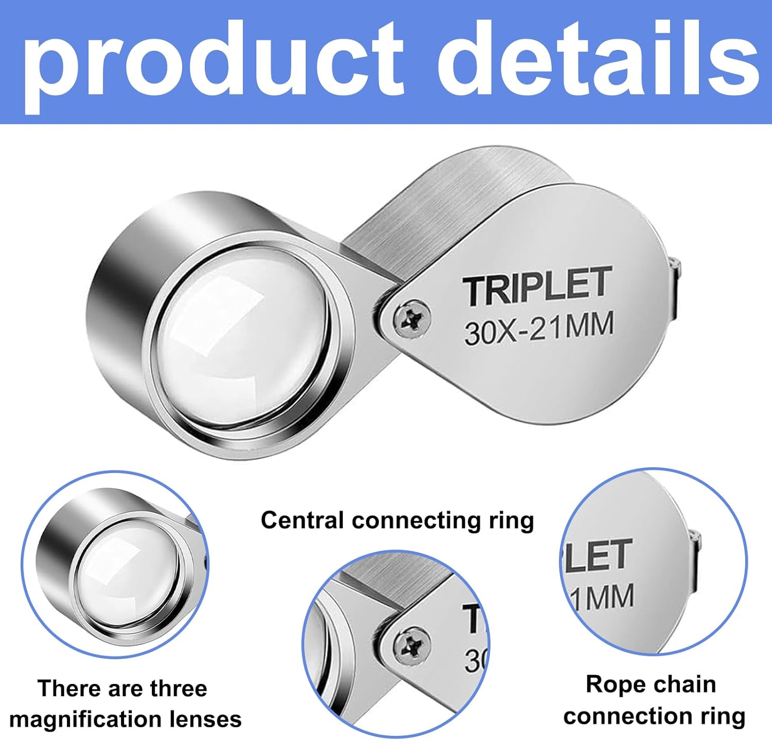 3 Pcs Jewellers Loupe, 10X, 20X and 30X Magnifier, Loupe Magnifier, Folding Handheld Magnifying Glass for Jewelry Recognition, Scientific Documents, Newspaper and Book Reading image number 6