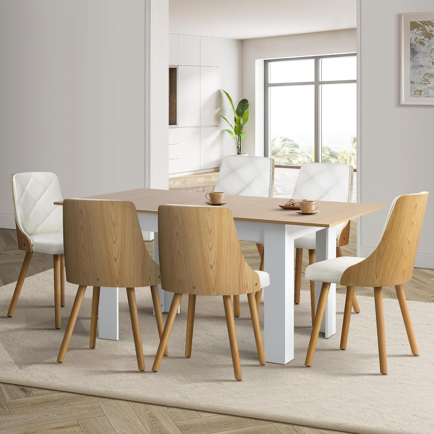 Oikiture Dining Table and Chair Sets 7Pcs Home Dining Sets with Wooden Table and Velvet Chairs