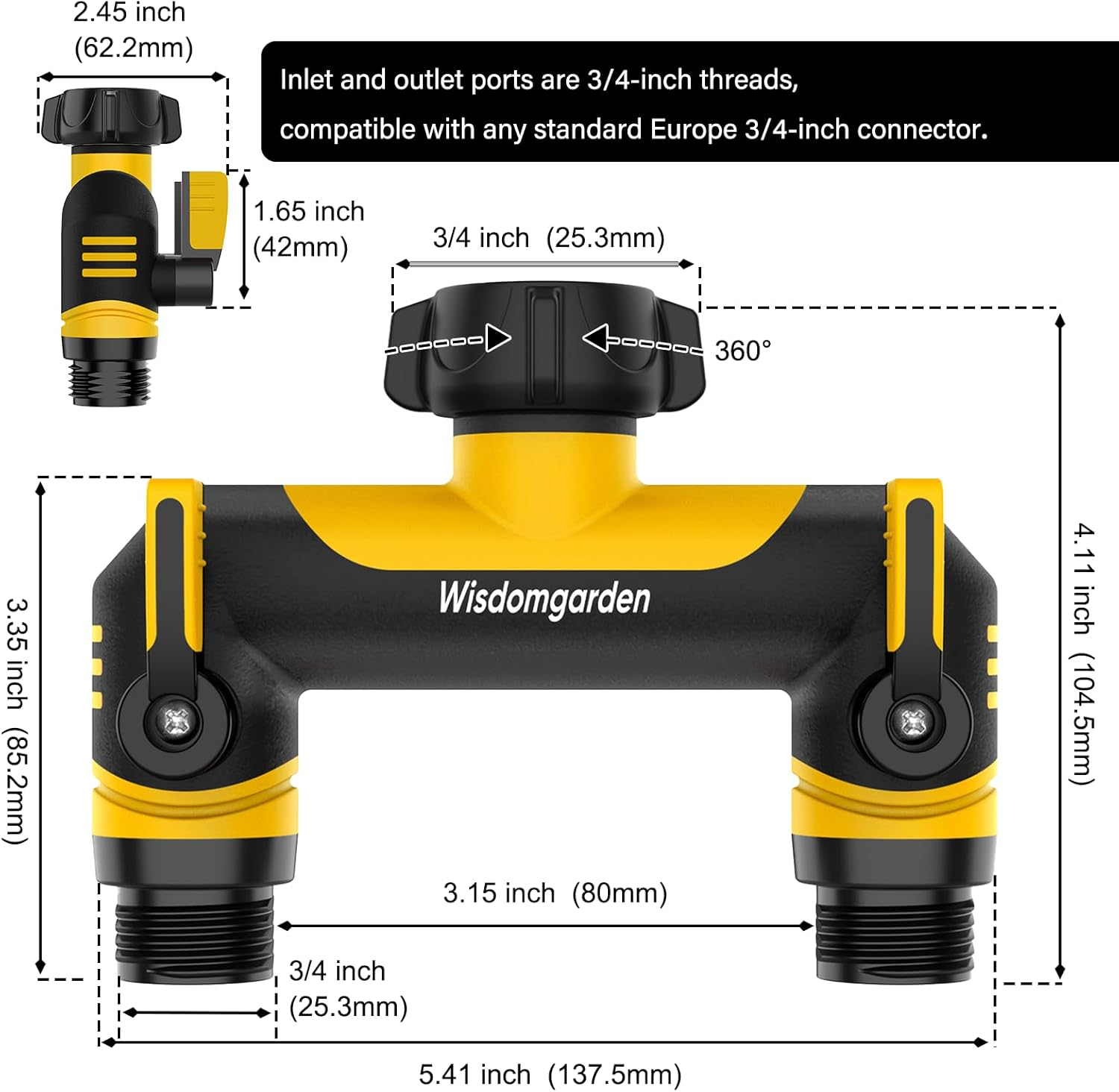 2 Way Garden Hose Splitter Hose, 3/4" Threaded Diverter Connector, Faucet Adapter for Hose and Irrigation Timers-Black&Yellow image number 1