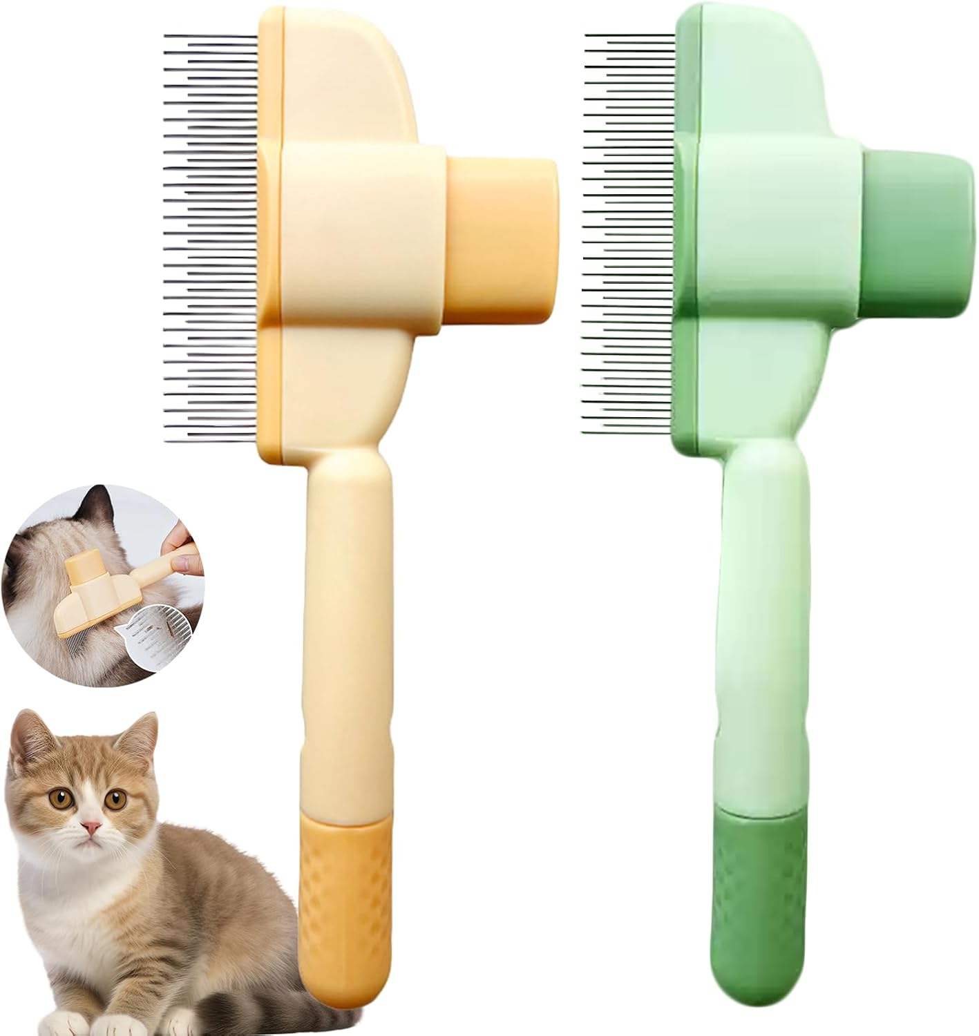 2 Pack Pet Comb Set Pet Hair Removal Brush Cat Dog Comb with Release Button with Stainless Steel Teeth,Gentle on Skin for Long Short Hair Pets,Banana Yellow Mint Green Suitable for Long and Short Hair image number 3