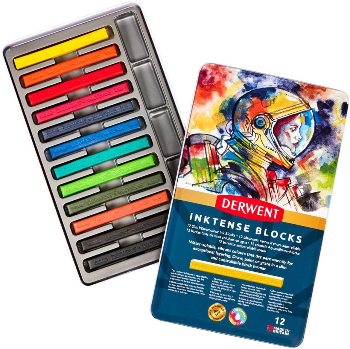 Derwent Inktense Blocks 12 Tin, Set of 12 Water-Colours, 8Mm Block, Water-Soluble, Ideal for Drawing, Colouring, Crafts & Painting on Paper & Fabric, Professional Quality (2300442)