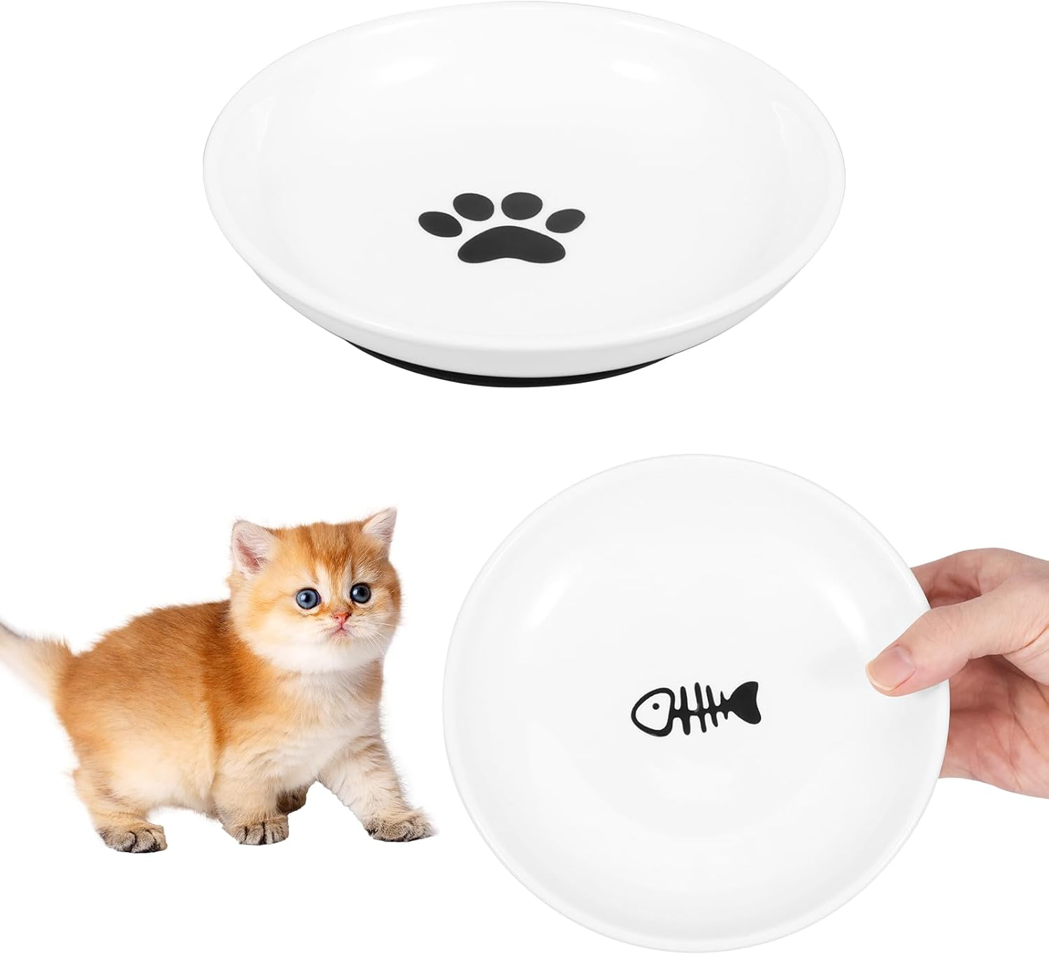 2/4Pcs Pet Plate, Raised Cat Food Bowl Ceramic Cat Dishes with Nonslip Silicone Base Pad Shallow Wide Kitten Bowls for Wet/Dry Food Indoor Pets (White 01)