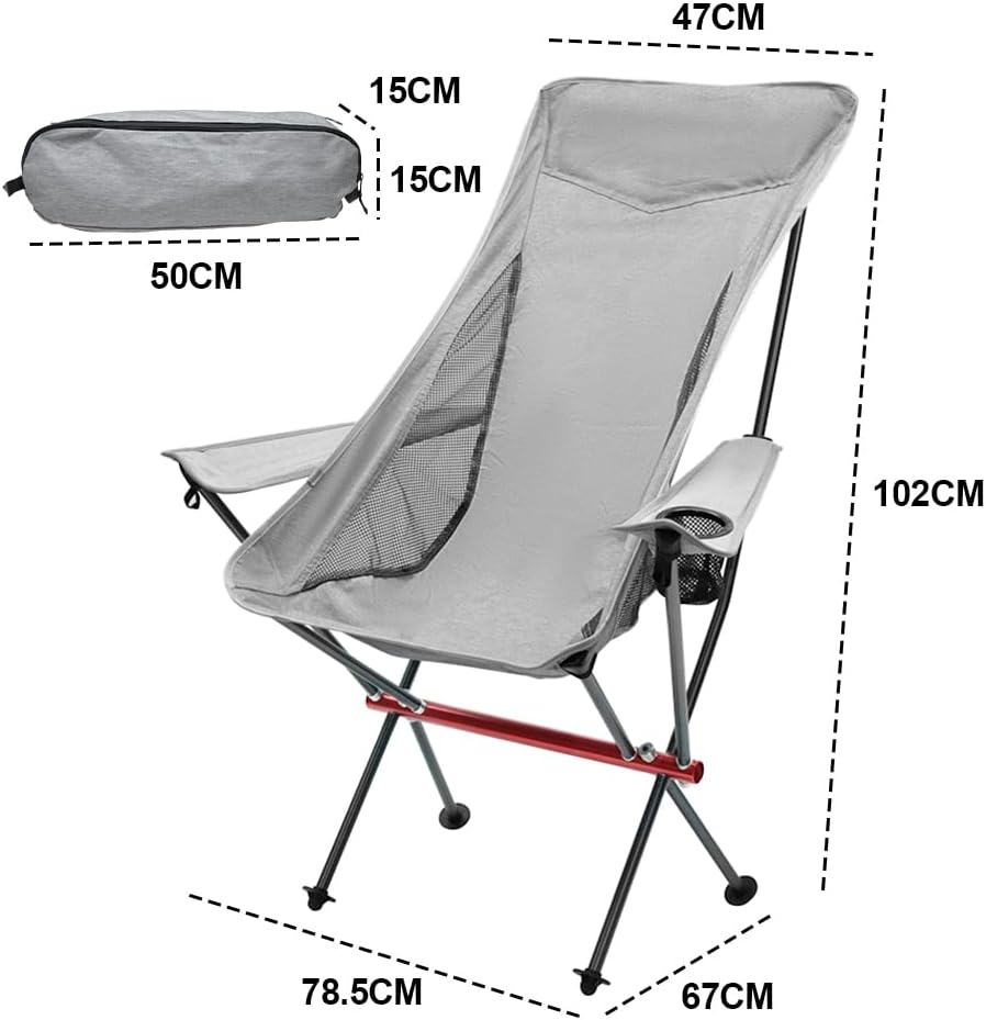 ALSTON Portable Camping Moon Chair Lightweight Aluminium Folding Chair High Back Seat Load up to 150Kg with Armrests for Picnic Beach Travelling Garden Grey