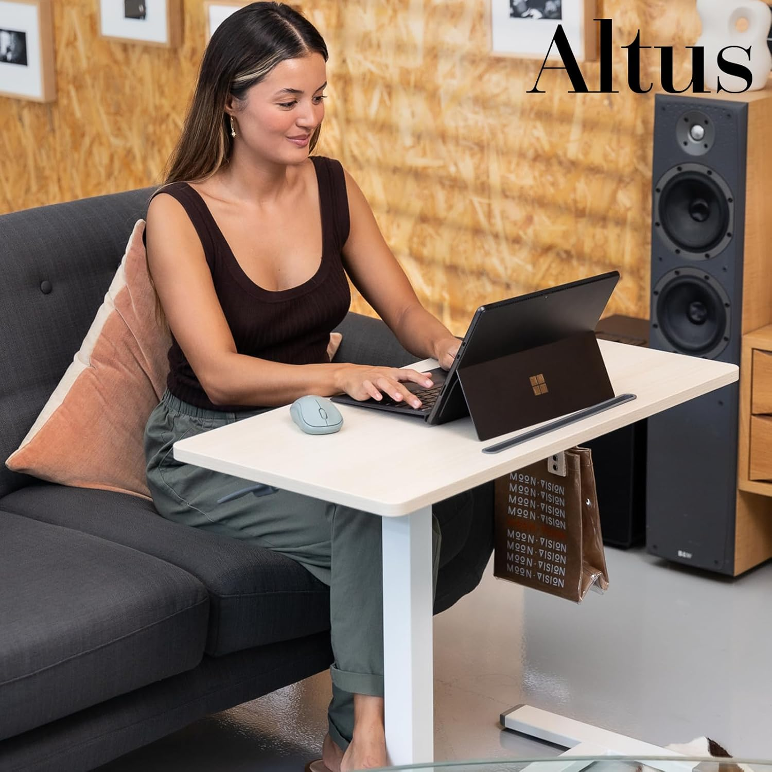 Altus Height Adjustable Portable Desk with Wheels Pneumatic over Bedside Table Timber image number 5