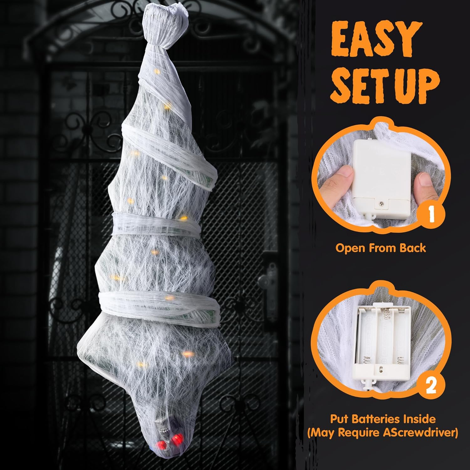 JOYIN 72" Halloween Decoration Hanging Cocoon Corpse Animated, Lighted Dead Body Prop for Halloween Indoor Decor, Life Size Skeleton Corpse Props for Haunted House, Scary Outdoor Hanging Decorations image number 3