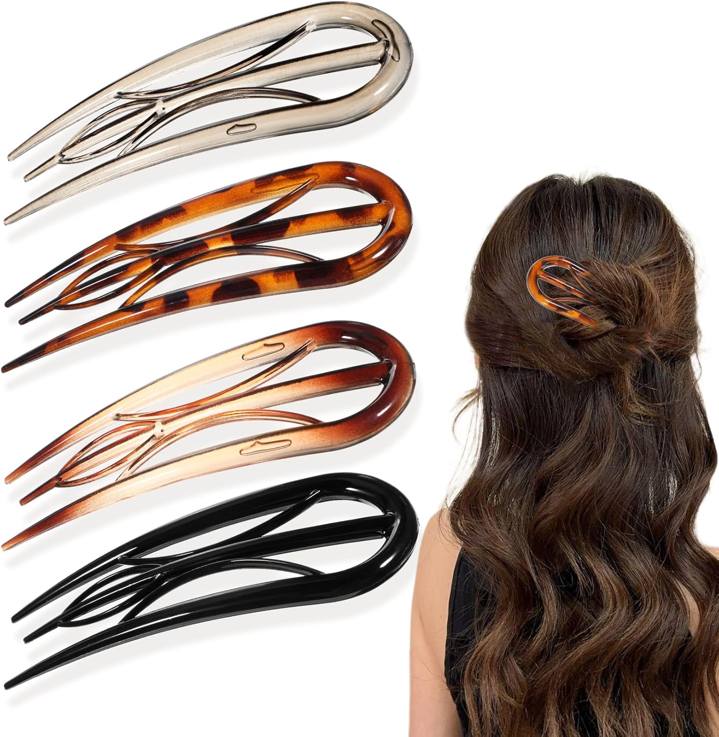 Large French Hair Pin, 4 Pcs French Hair Pins for Women Fine Hair, Plastic Hair Pins, French Twist Hair Clips with 3 Inner Teeth Design for Women, U Shaped French Hairpin & Hair Prong & Forks image number 4