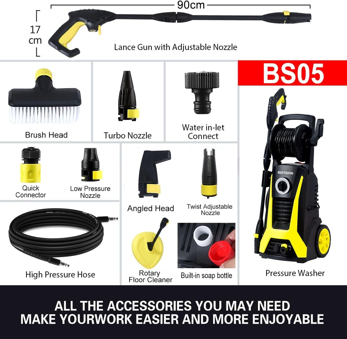 Bestsoon 3600PSI High Pressure Washer, 2200W Electric Power Washer with Spray Gun and Hose Reel, 8M Hose, 6 Nozzles, Brush Head/Rotary Floor Cleaner, Idear for Cleaning & Washing image number 2