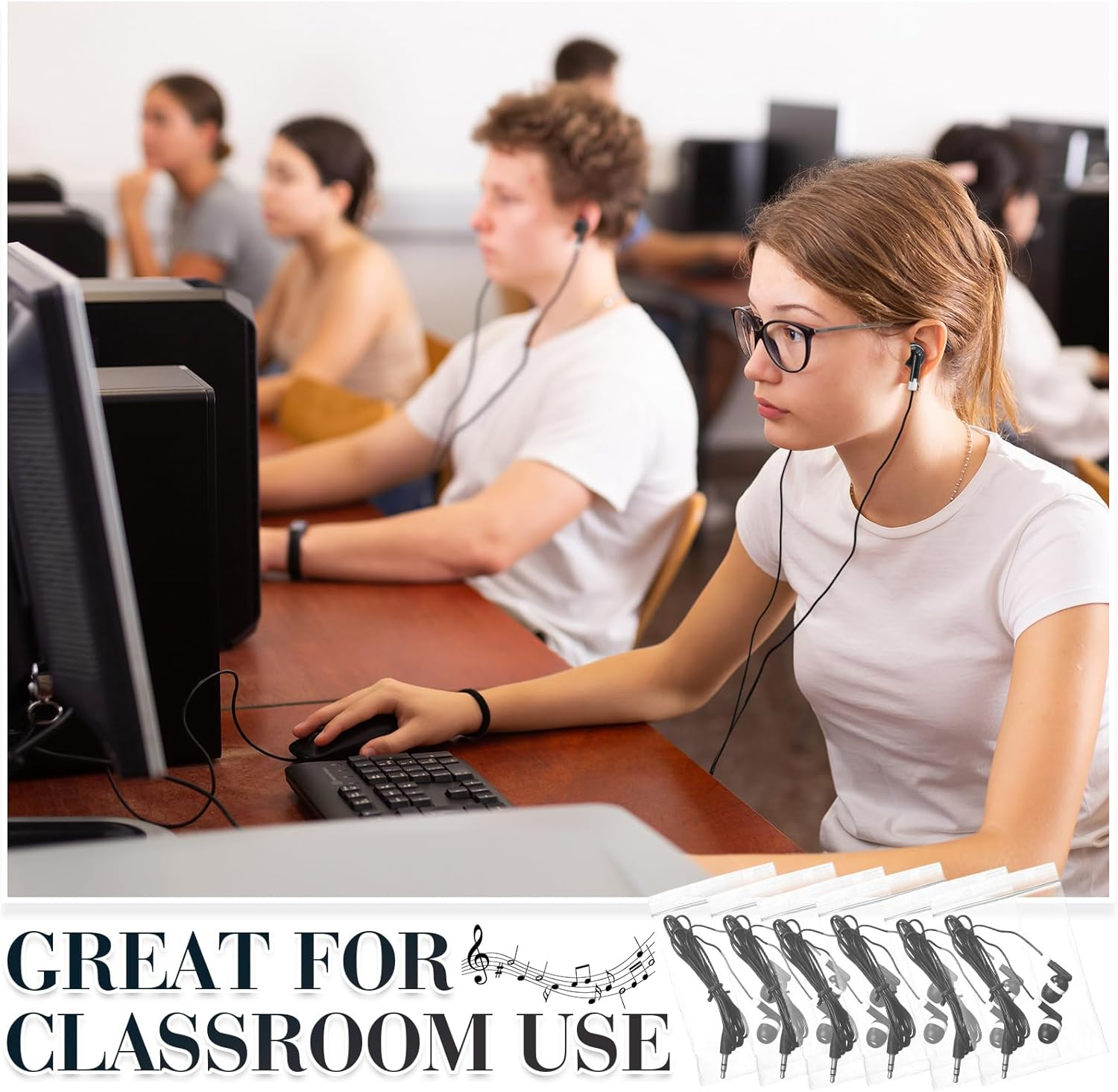 Konohan 25 Pcs Bulk Earbuds for Classroom, Student Basic Headphones in Ear for Kids Schools Libraries Laptop, 3.5 MM Earbuds Dot Headphones, Individually Bagged (Black) image number 1