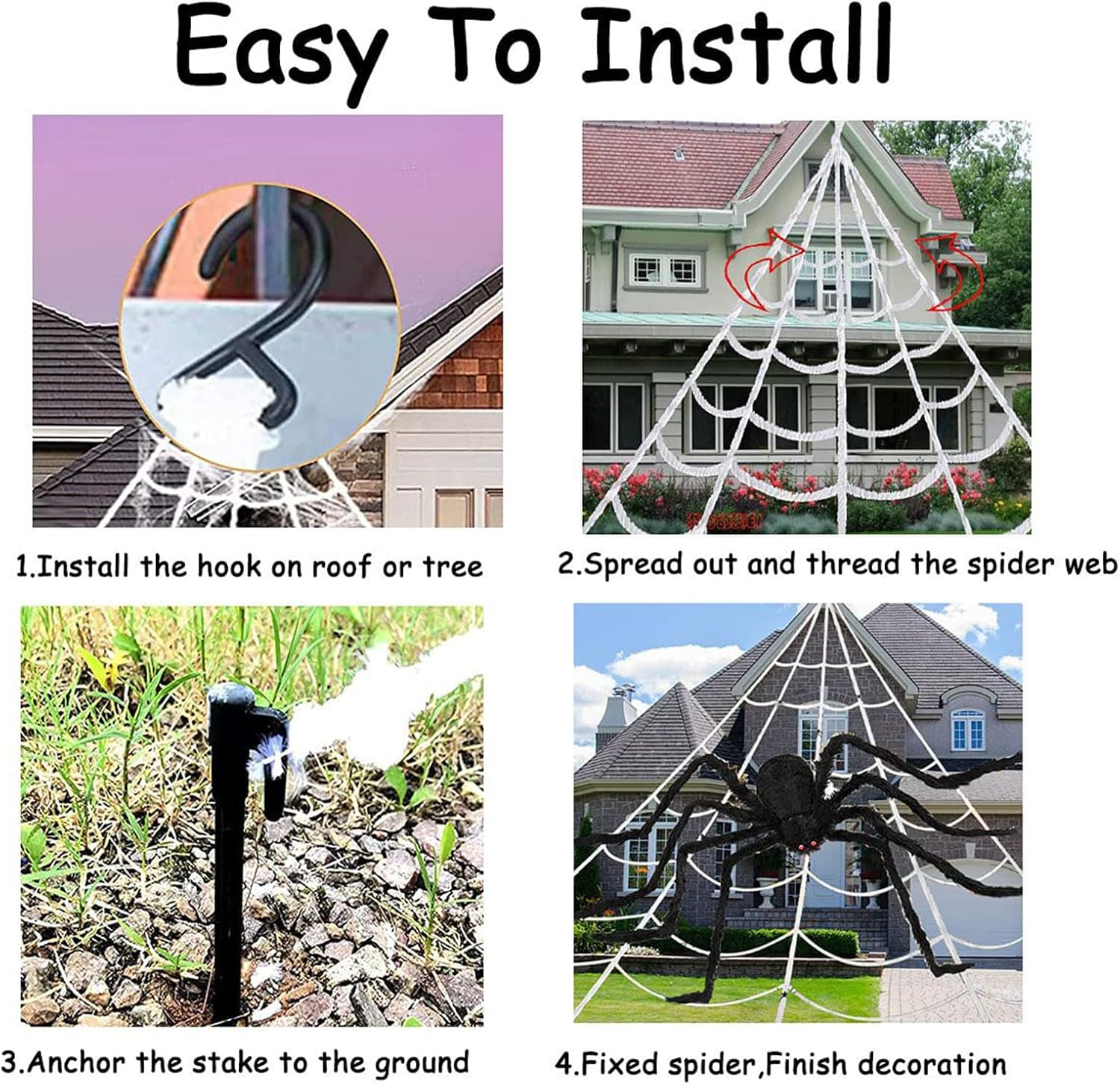 Giant Yard Halloween Decorations Outdoor Spider Web with 150CM Spider outside Scary Decor Hanging Triangular Mega Spider Web Fake Spiders Stretch Cobweb Set Party Supplies Favor image number 5