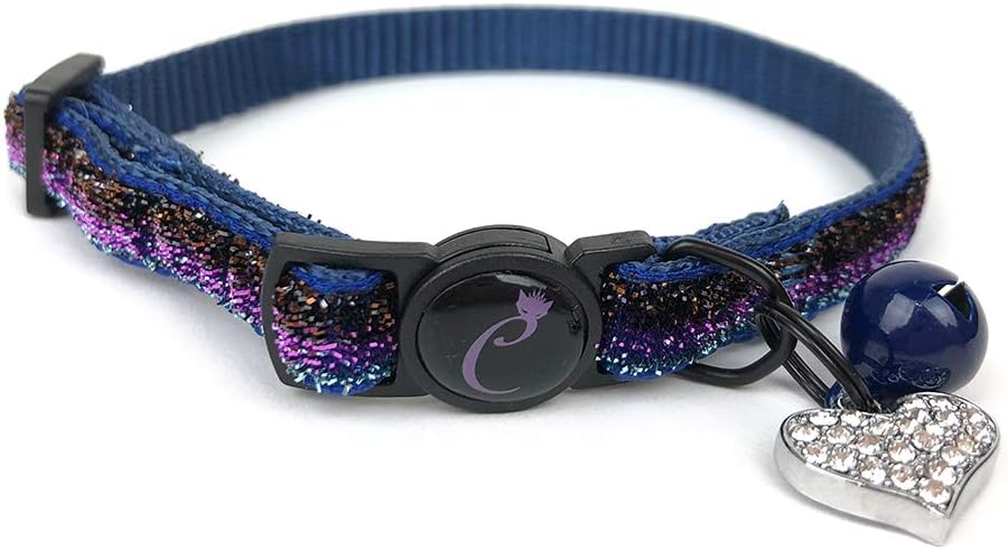 Cattitude Cattitude Sparkle Cat Collar, Sapphire, Blue - Cat Collars with Bells, Adjustable Nylon Strap, Safety Release Breakaway Buckle, Kitten, Puppy, Small Dog