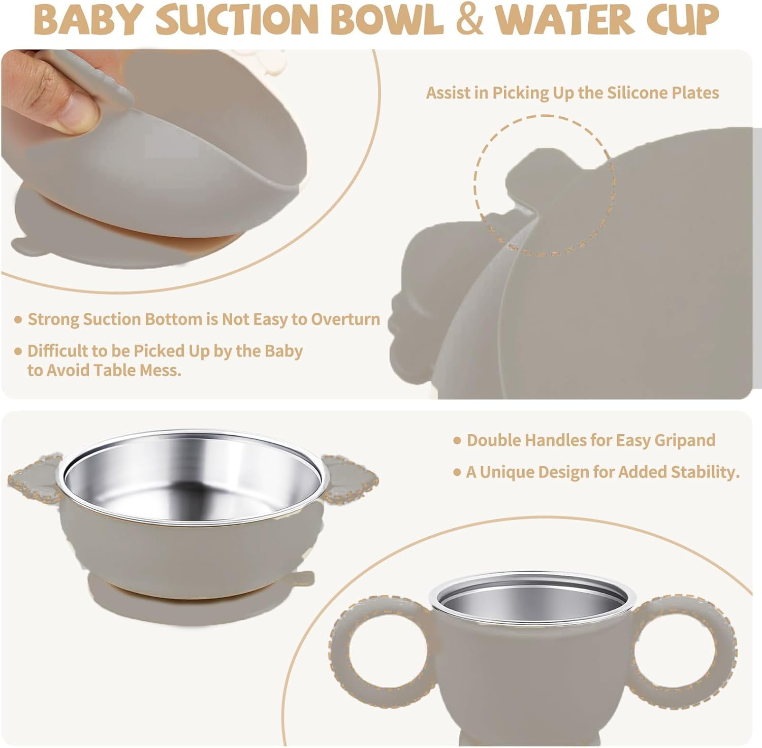 6 Pcs Stainless Steel Kids Plates and Bowls Set with Suction, Contain Deep-Divide Toddler Plates, Bowls, Cup, Utensils & Bib &ndash; Bpa-Free 304 Steel + Silicone Suction &ndash; Dishwasher Safe (Grey) ﻿