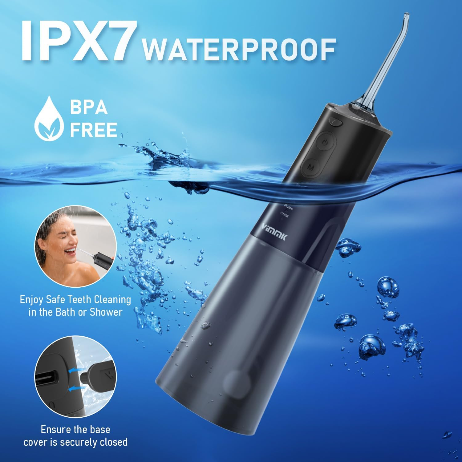Water Flosser, Vimmk Cordless Oral Irrigator for Teeth, Gum, Braces Deep Cleaning, 8 Tips, 5 Modes, 300ML Rechargeable Water Dental Flosser, IPX7 Waterproof, Portable Design for Home Travel (Black) image number 5