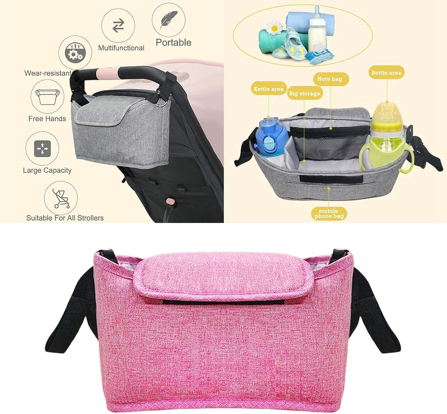 Shamjina Organizer Bag Large Capacity Pram Handle Storage Bag Diaper Bag - Pink, 30X17X12Cm - Pink image number 2